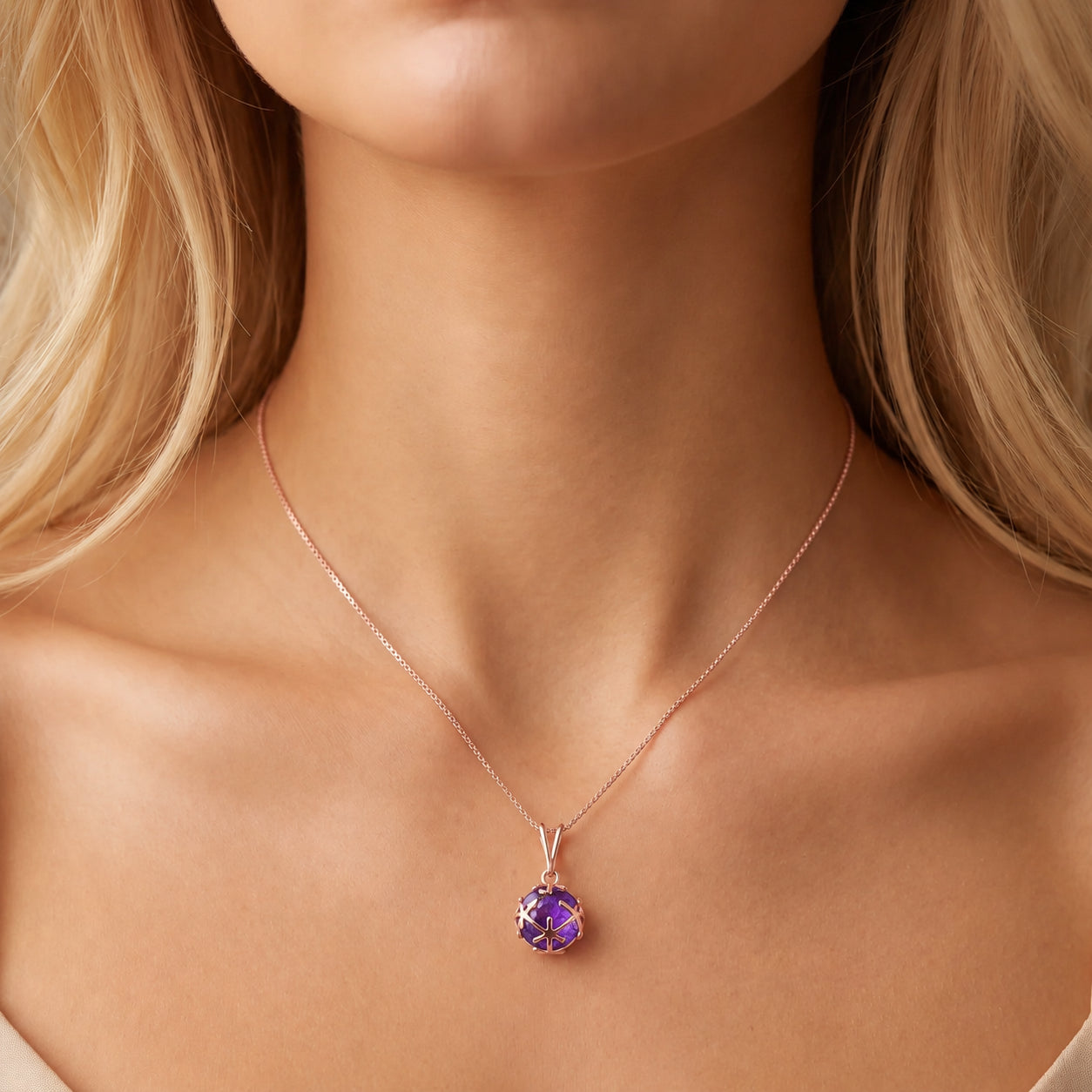 Rose Gold Rose Pendant Necklace Amethyst 10K — Flora