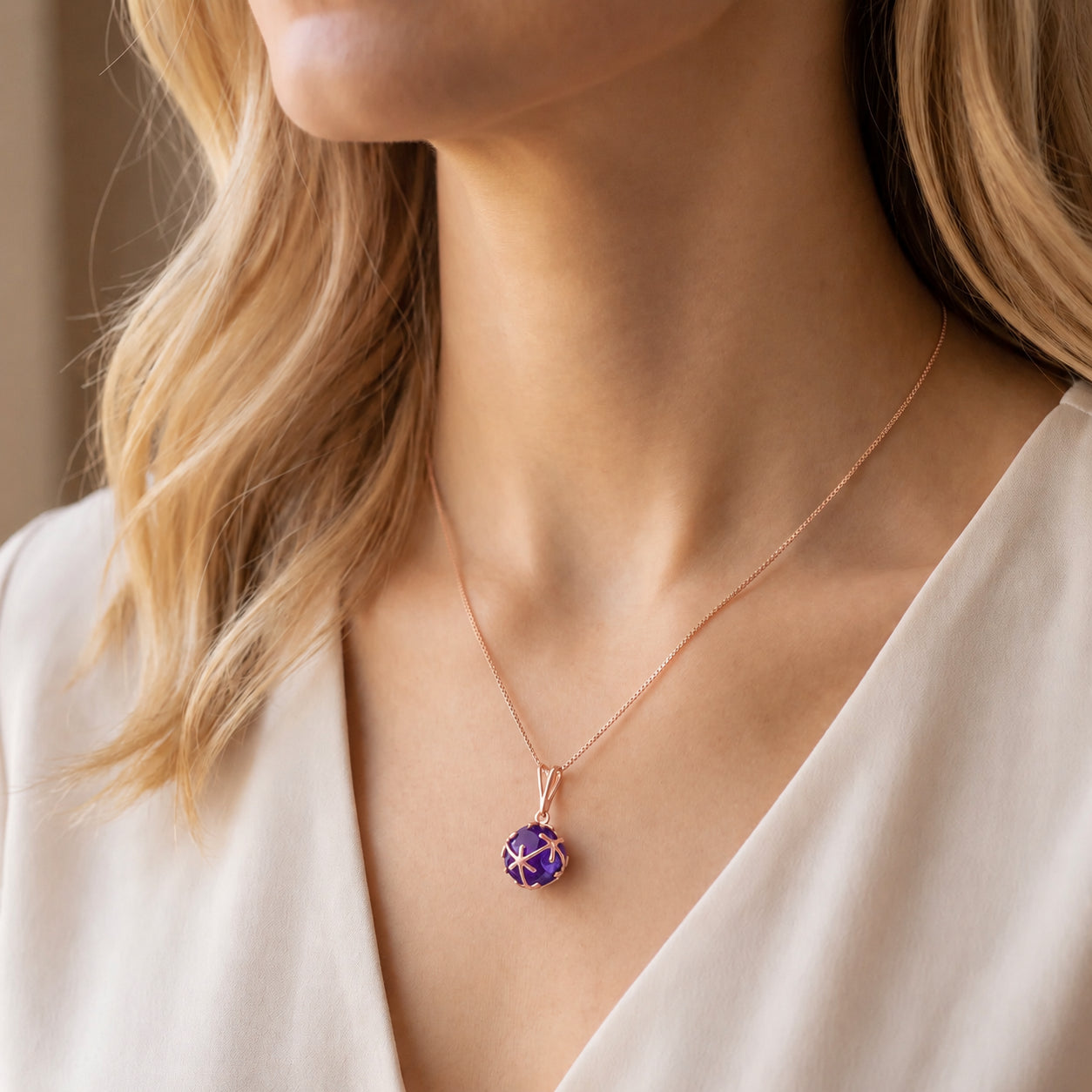 Rose Gold Rose Pendant Necklace Amethyst 10K — Flora