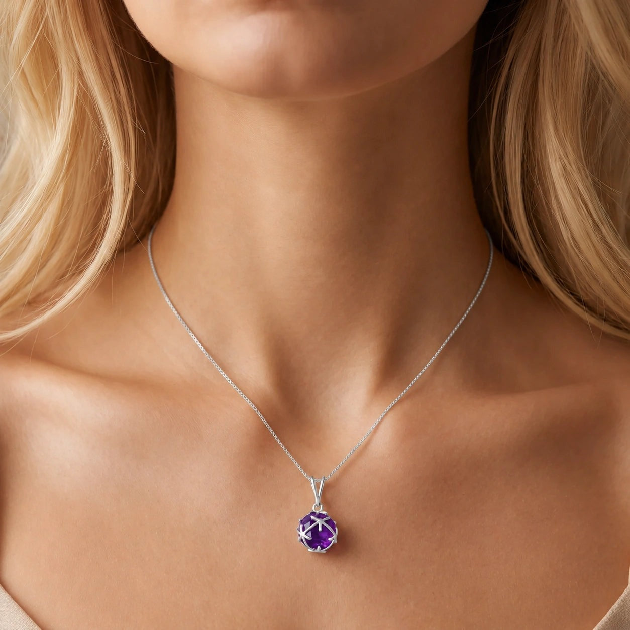 White Gold Rose Pendant Necklace Amethyst 10K — Flora