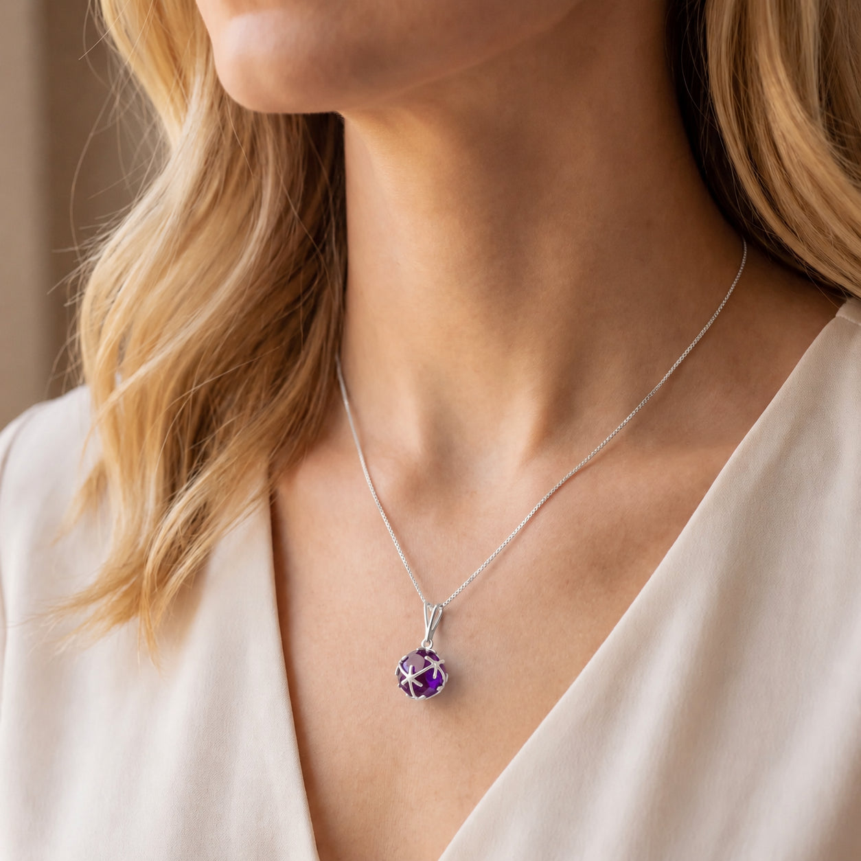 White Gold Rose Pendant Necklace Amethyst 10K — Flora