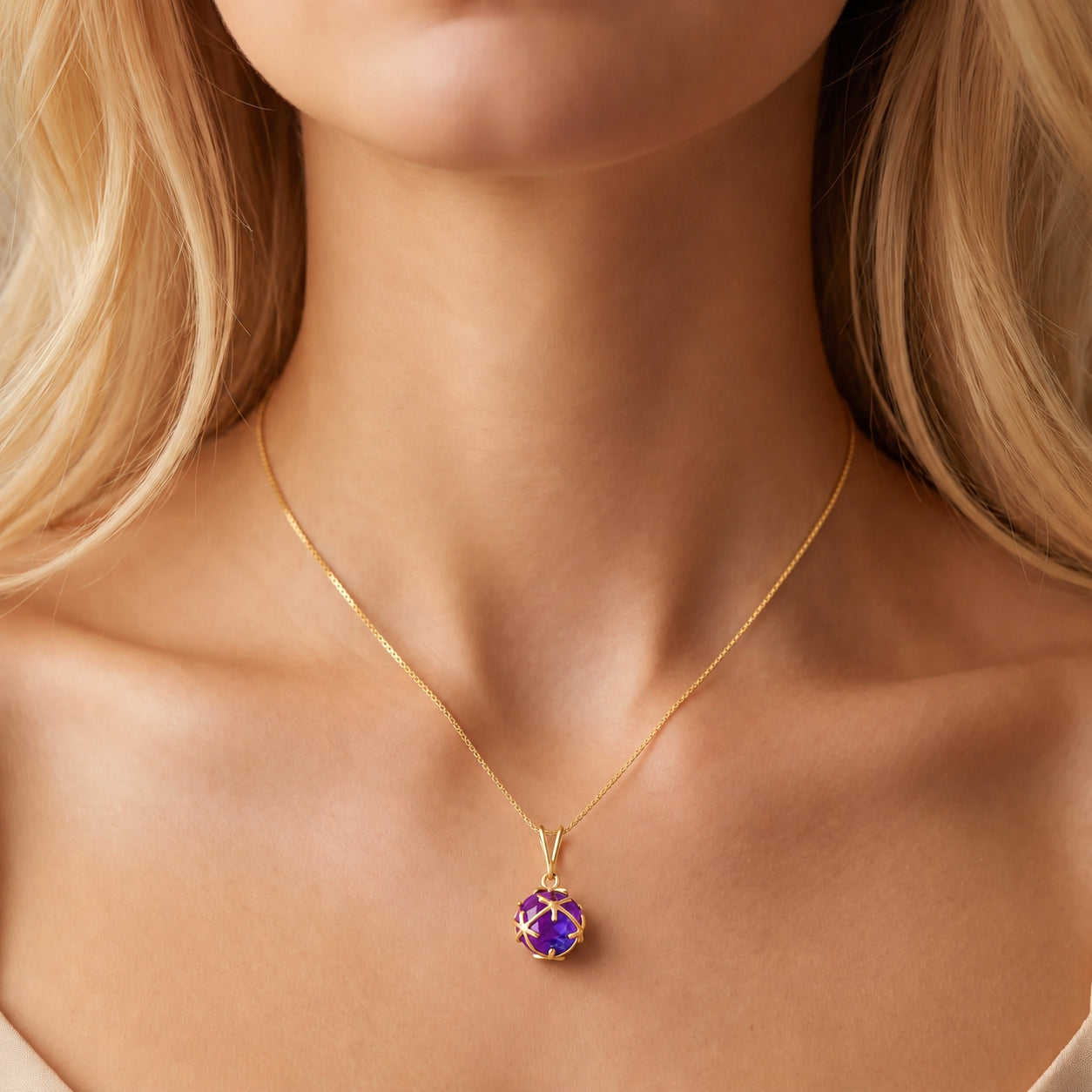 Yellow Gold Rose Pendant Necklace Amethyst 10K — Flora