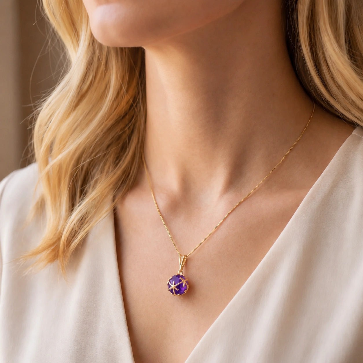 Yellow Gold Rose Pendant Necklace Amethyst 10K — Flora
