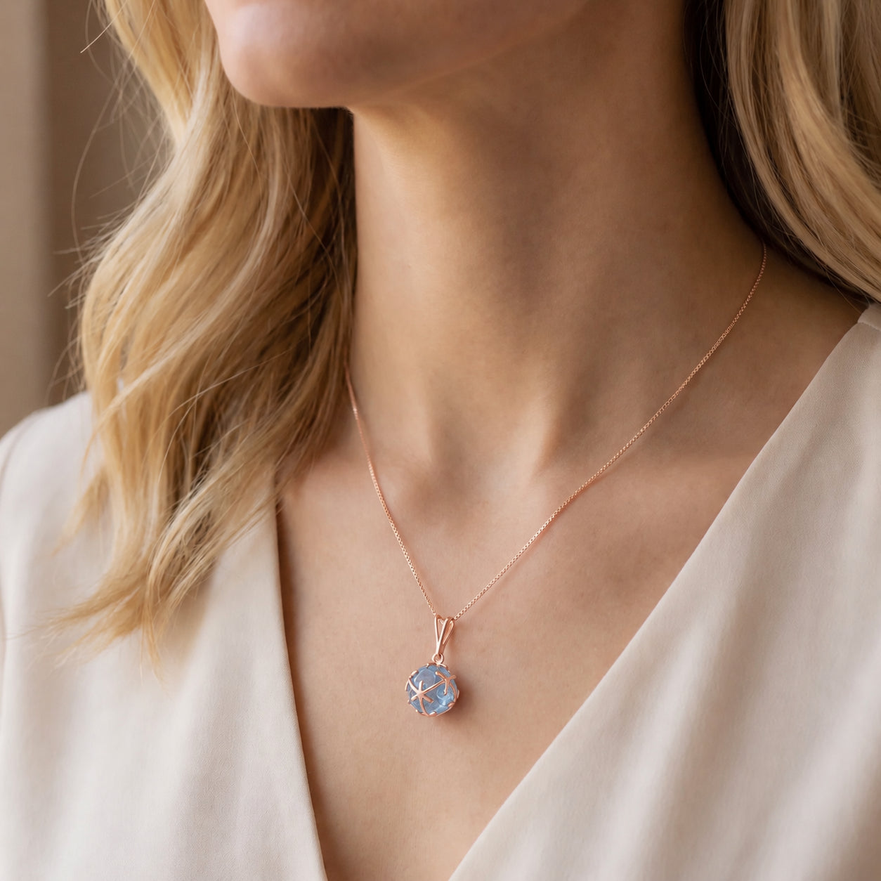 Rose Gold Rose Pendant Necklace Blue Topaz 10K — Flora