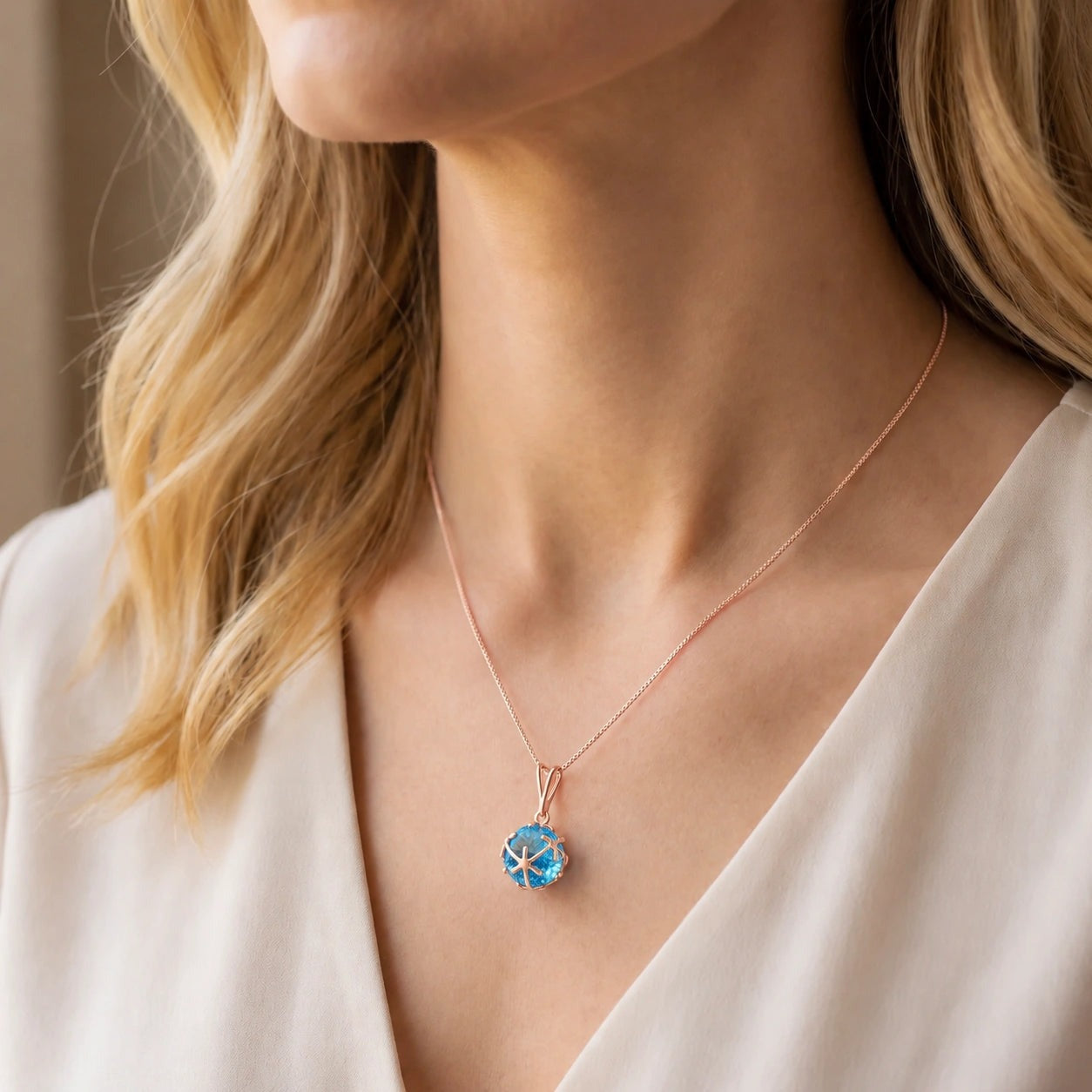 Rose Gold Rose Pendant Necklace Blue Topaz 10K — Flora