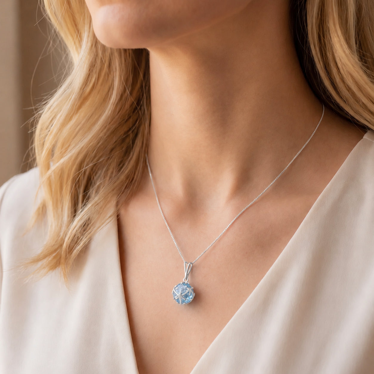 White Gold Rose Pendant Necklace Blue Topaz 10K — Flora