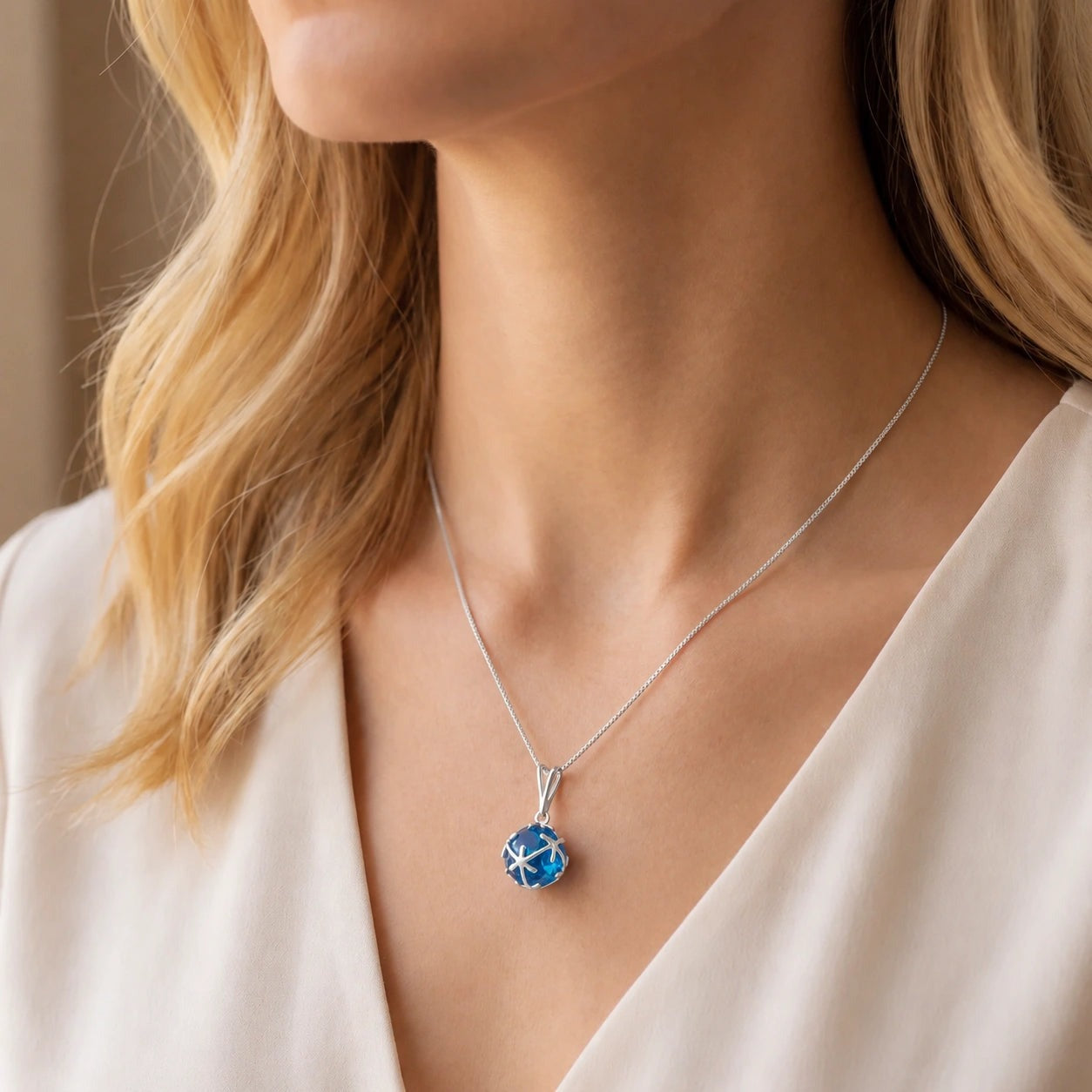 White Gold Rose Pendant Necklace Blue Topaz 10K — Flora