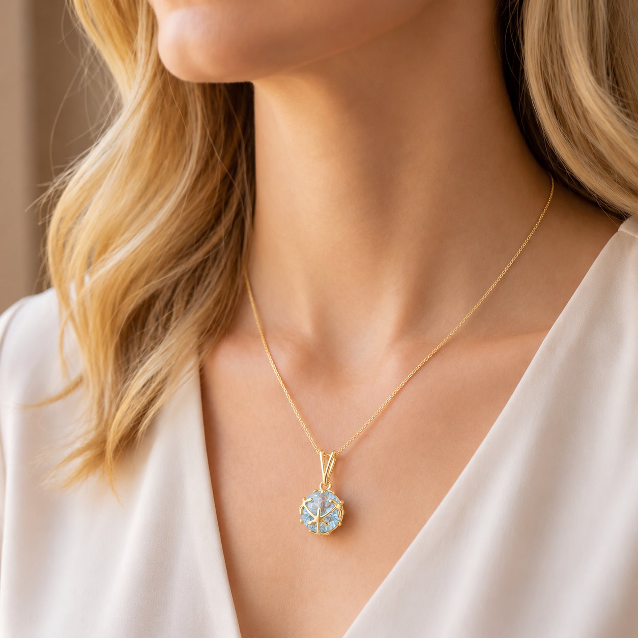 Yellow Gold Rose Pendant Necklace Blue Topaz 10K — Flora