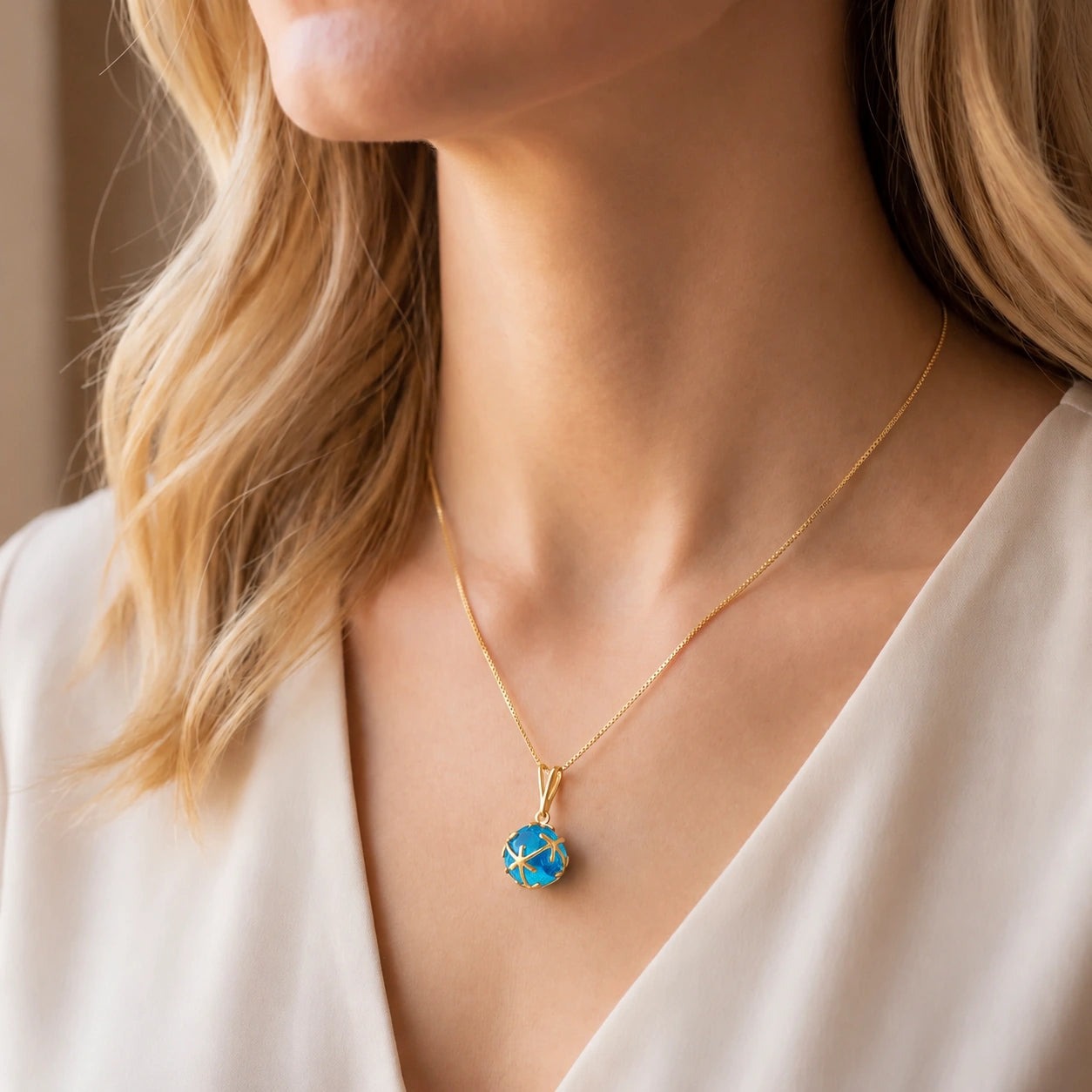 Yellow Gold Rose Pendant Necklace Blue Topaz 10K — Flora