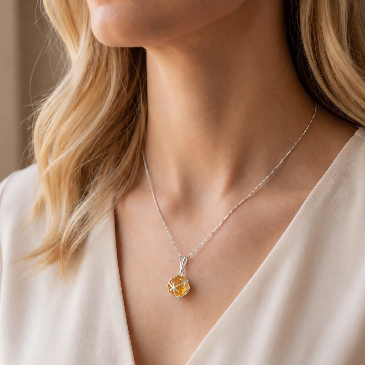 White Gold Rose Pendant Necklace Citrine 10K — Flora