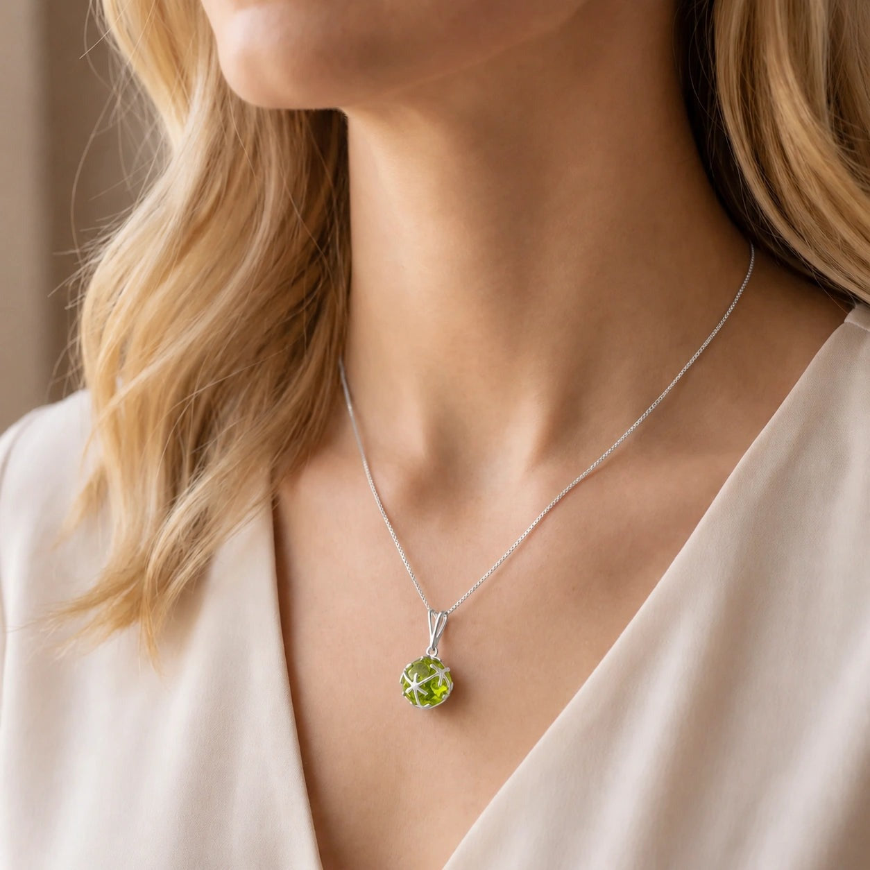 White Gold Rose Pendant Necklace Peridot 10K — Flora