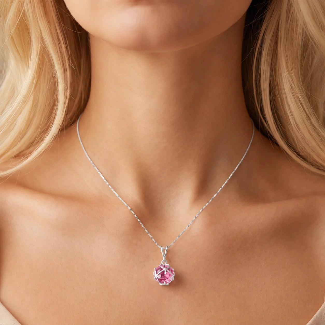 White Gold Rose Pendant Necklace Pink Topaz 10K — Flora
