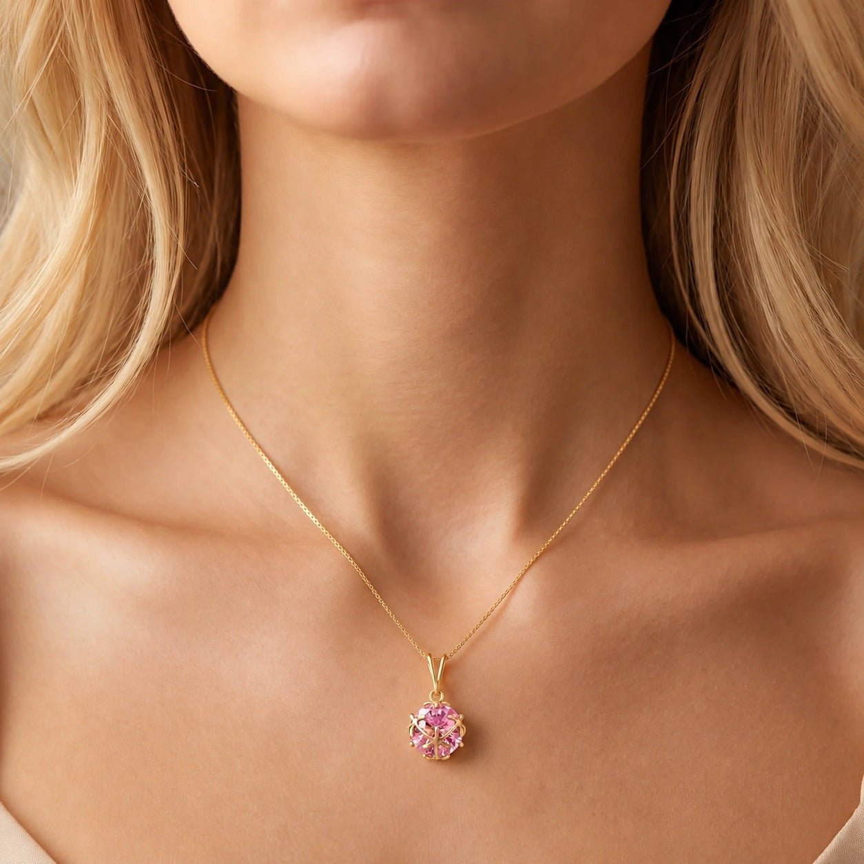 Yellow Gold Rose Pendant Necklace Pink Topaz 10K — Flora