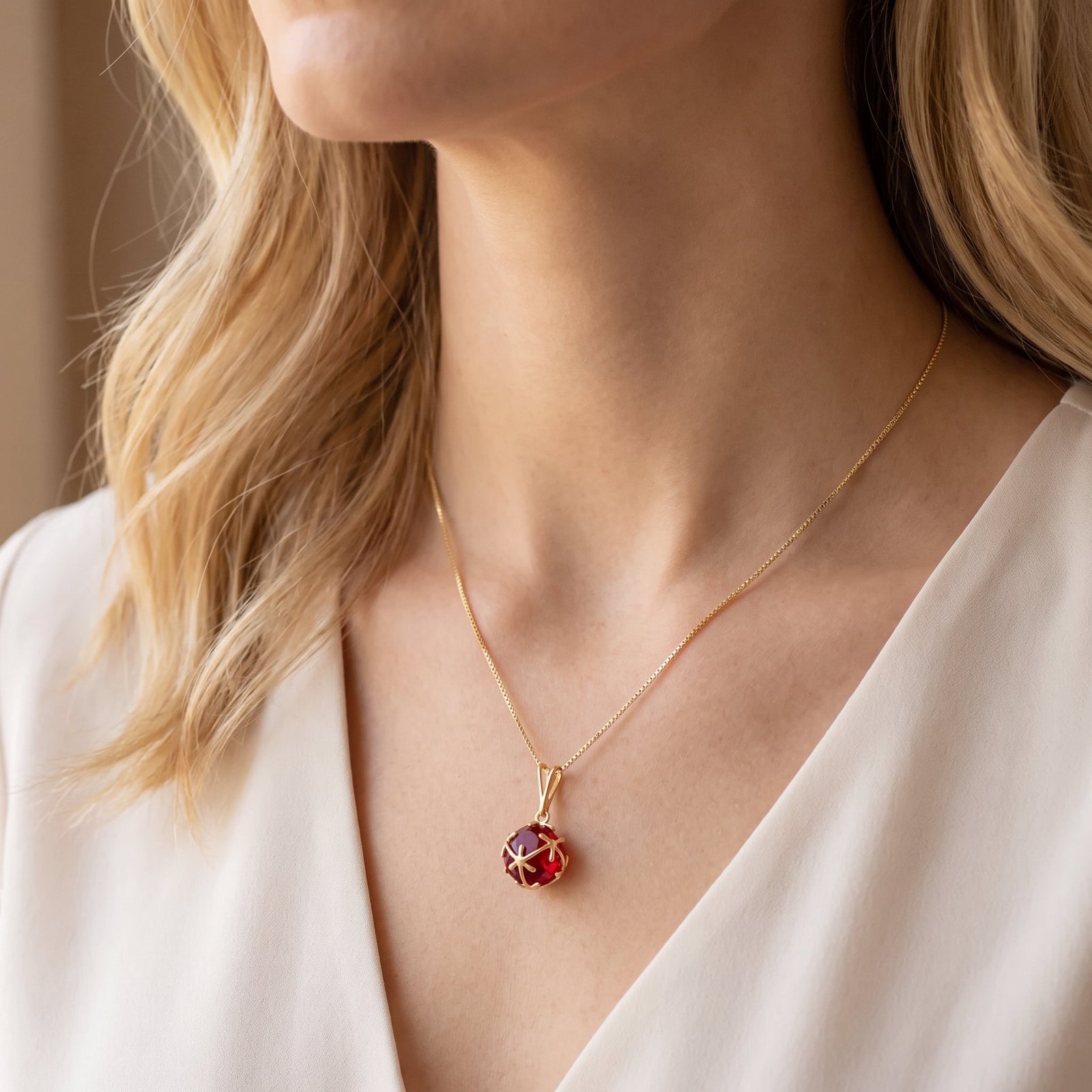 Yellow Gold Rose Pendant Necklace Ruby 10K — Flora