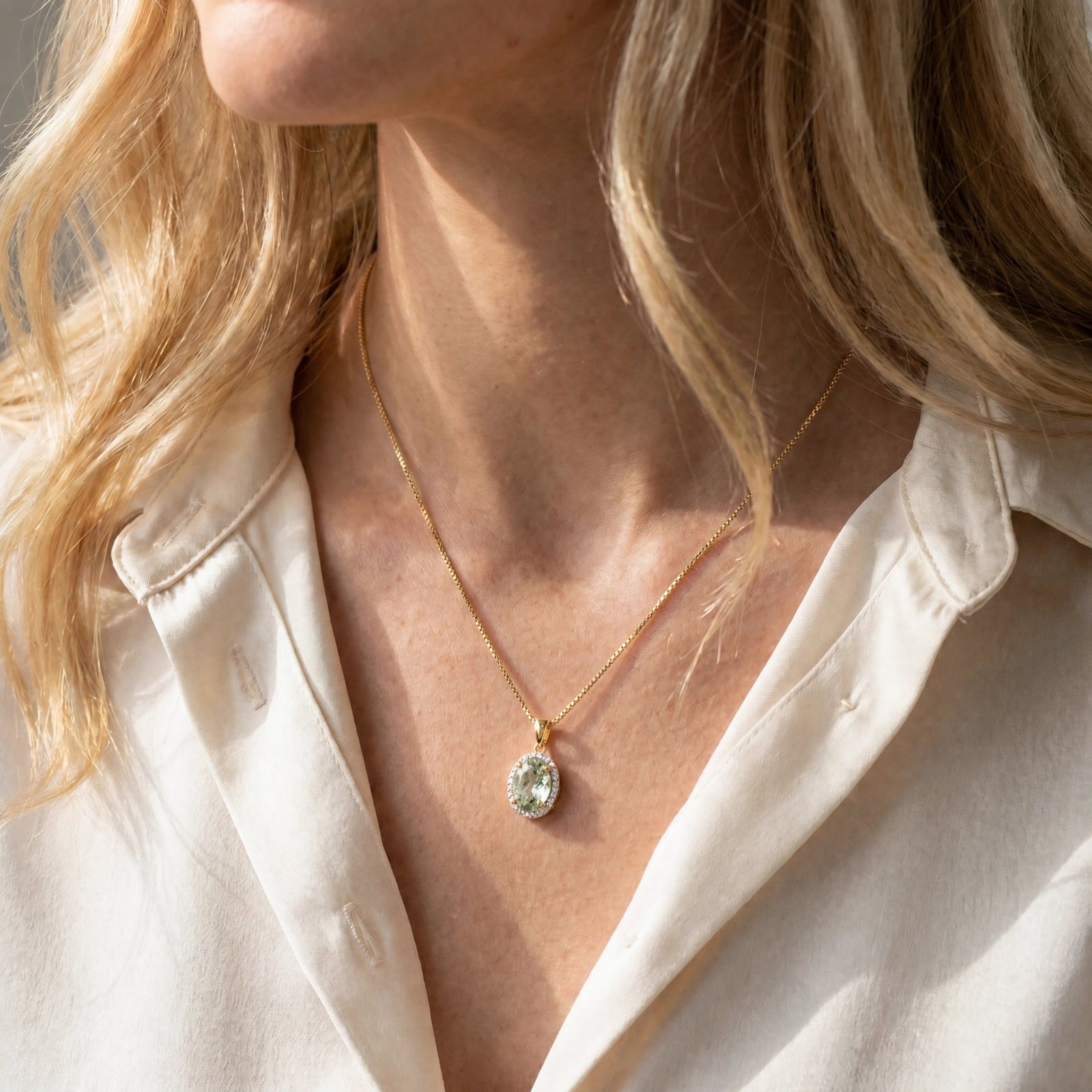 Yellow Gold Pendant Necklace Green Amethyst 10K — Ersilia