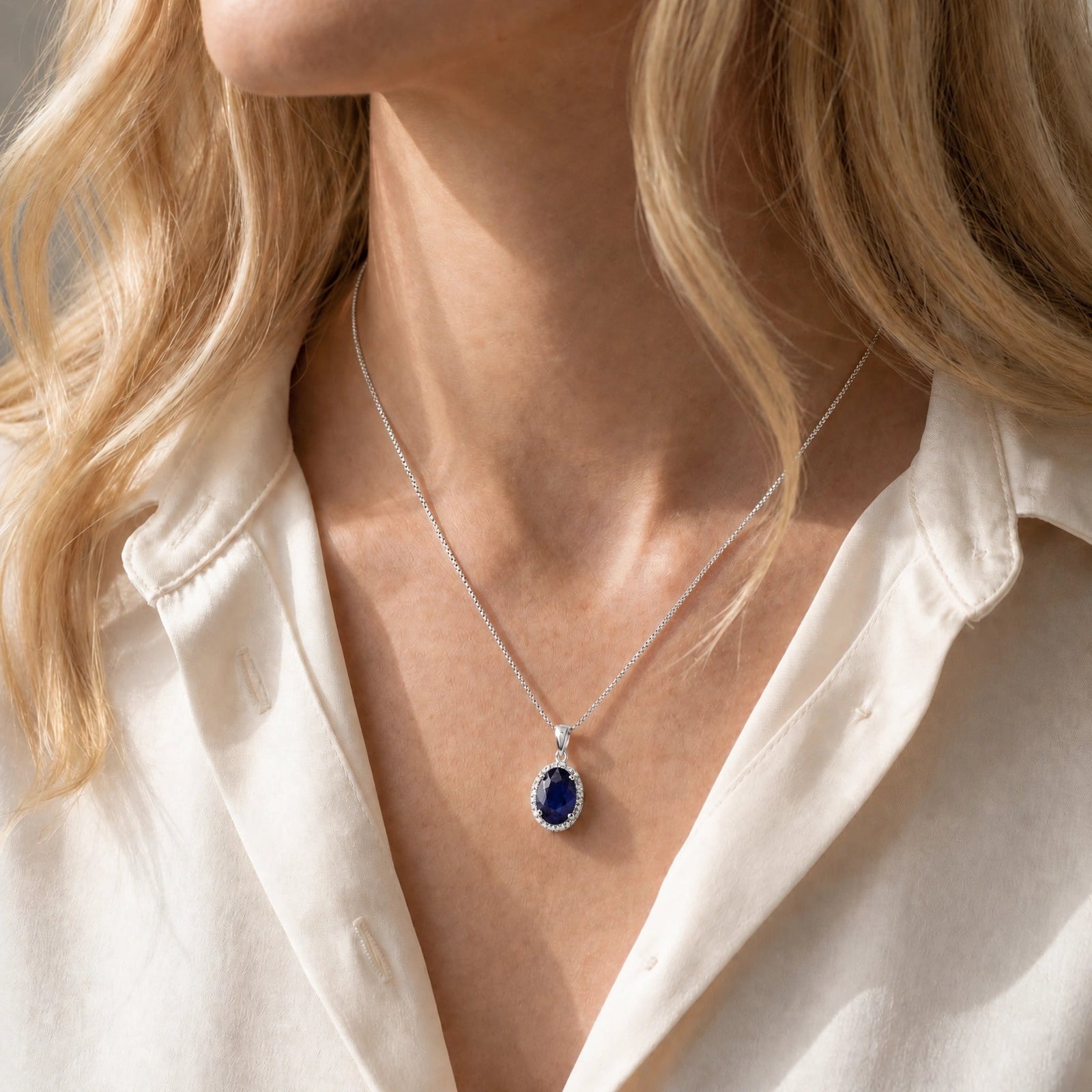 White Gold Pendant Necklace Sapphire 10K — Ersilia