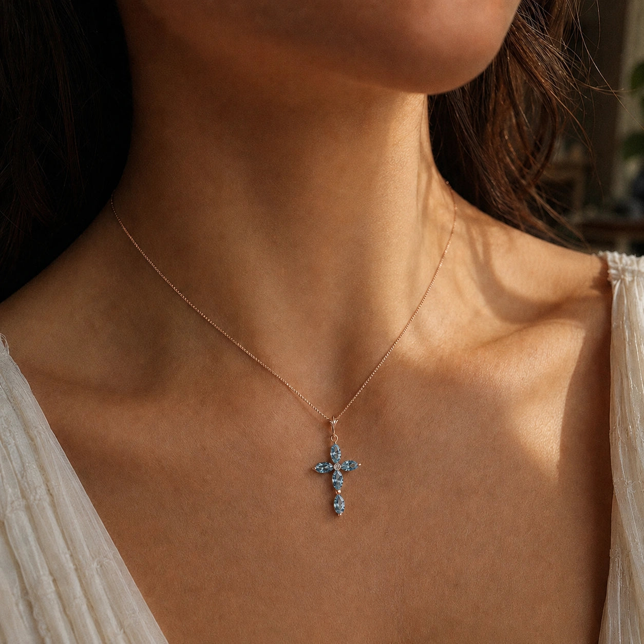 Rose Gold Charm Necklace Blue Topaz 10K — Delia
