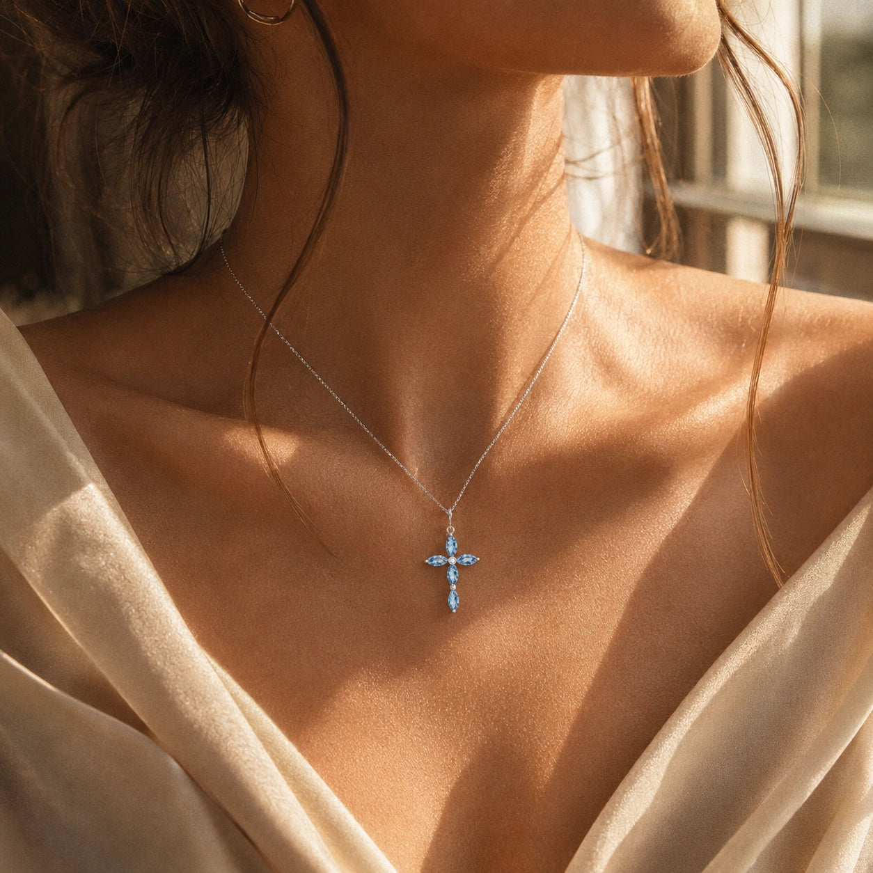 White Gold Charm Necklace Blue Topaz 10K — Delia