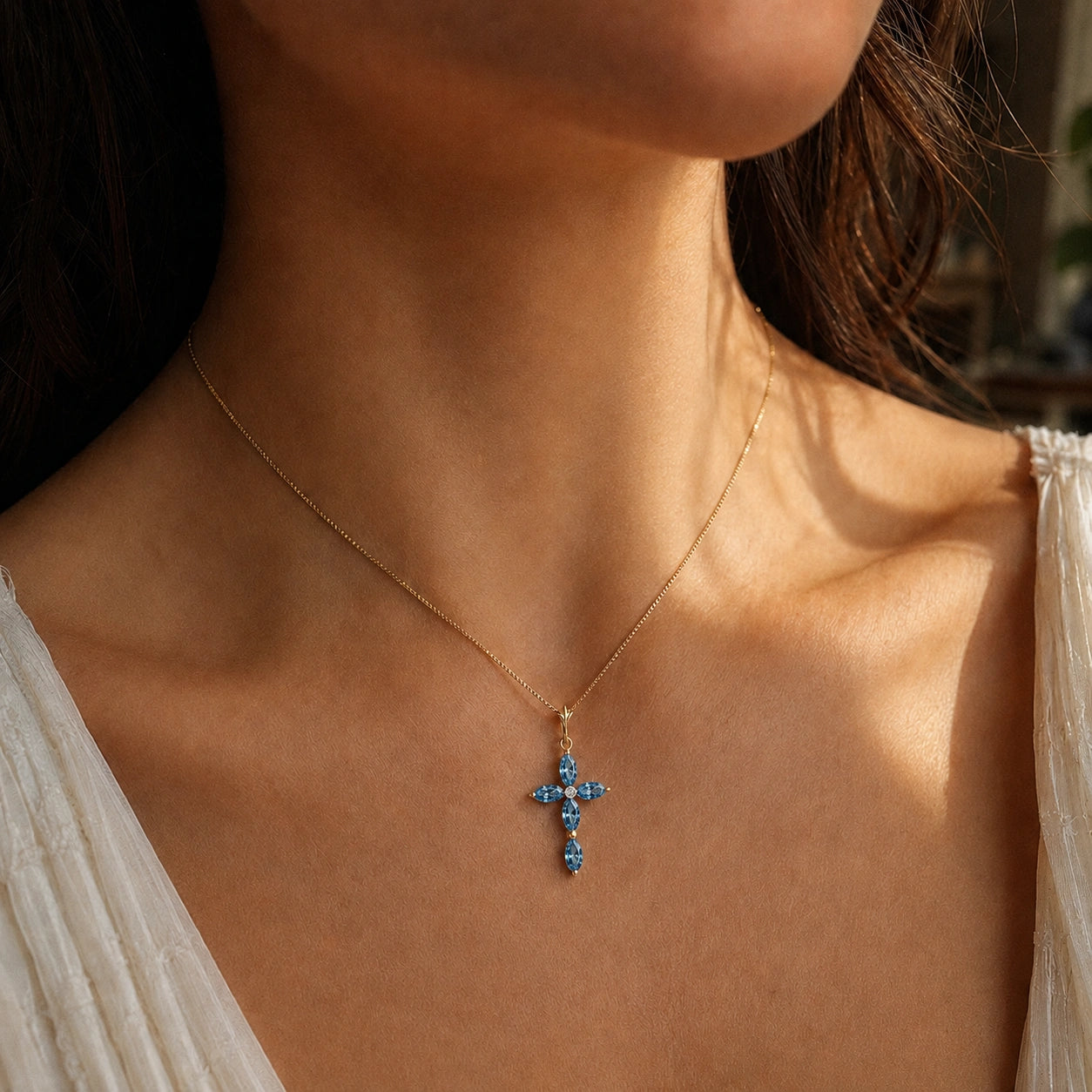 Yellow Gold Charm Necklace Blue Topaz 10K — Delia
