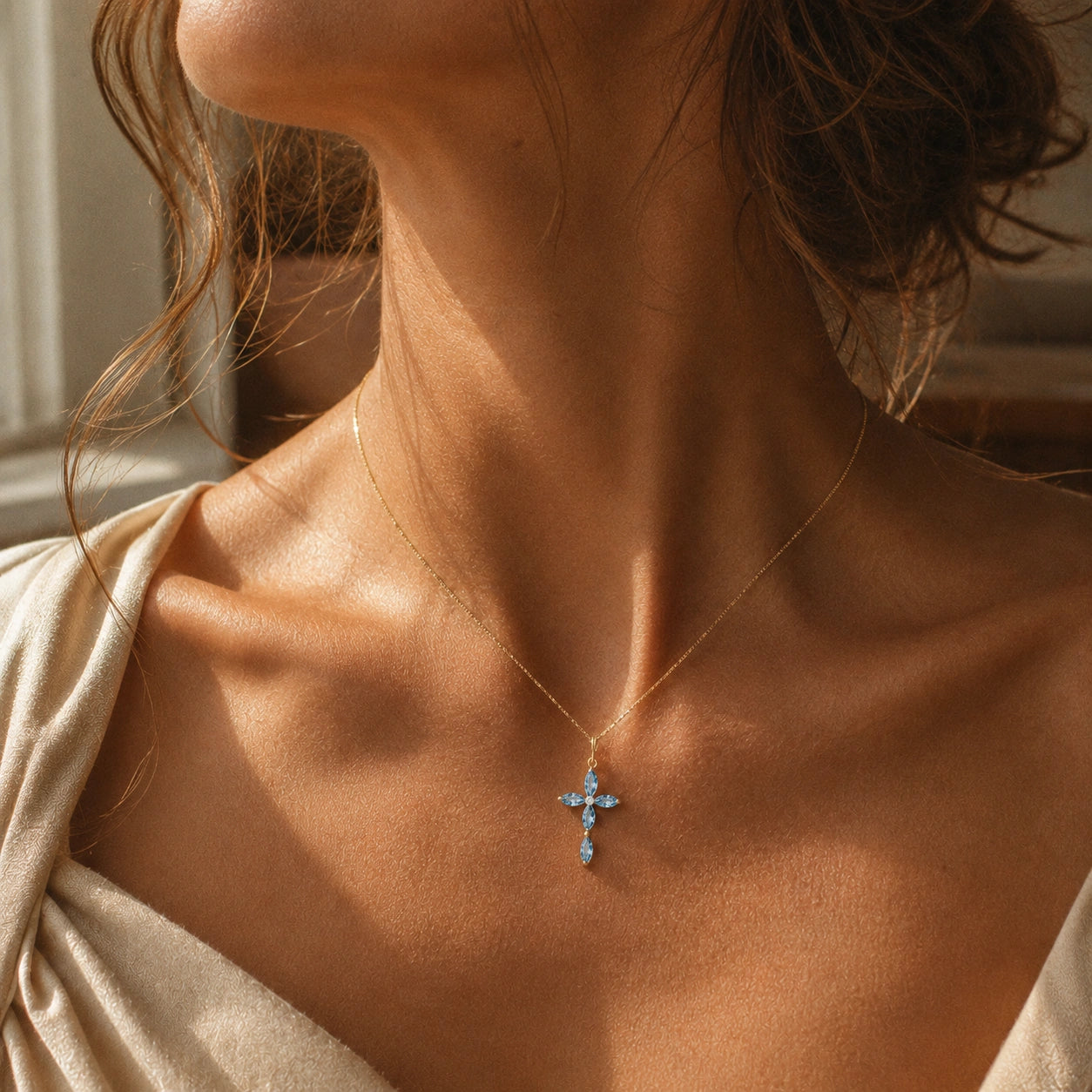 Yellow Gold Charm Necklace Blue Topaz 10K — Delia