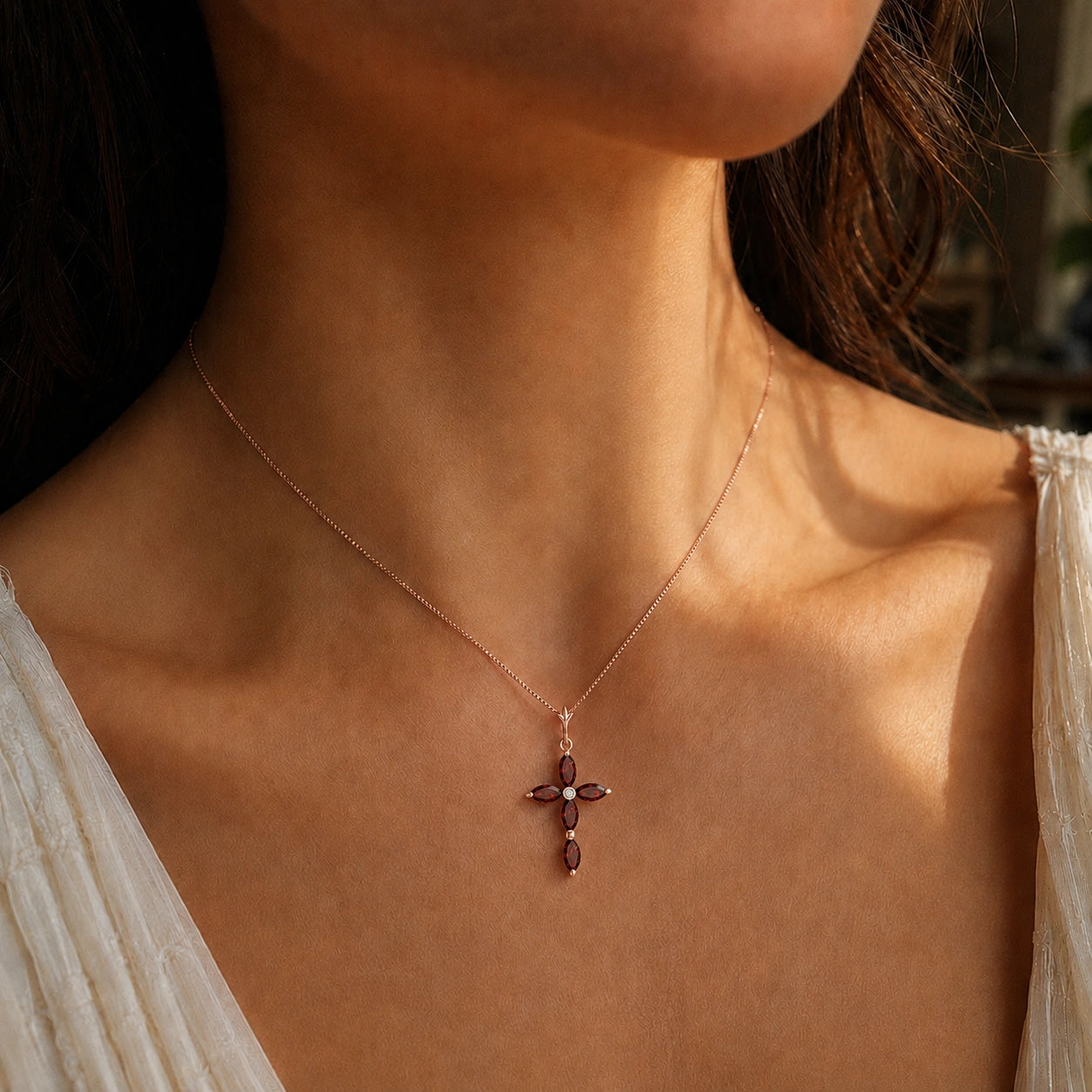 Rose Gold Charm Necklace Garnet 10K — Delia