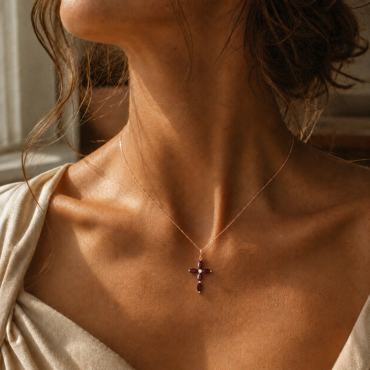 Rose Gold Charm Necklace Garnet 10K — Delia