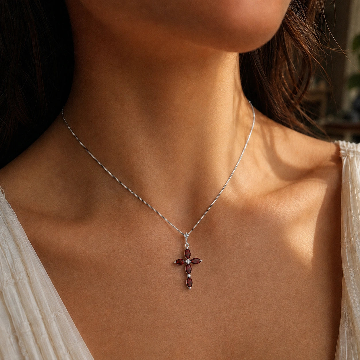 White Gold Charm Necklace Garnet 10K — Delia