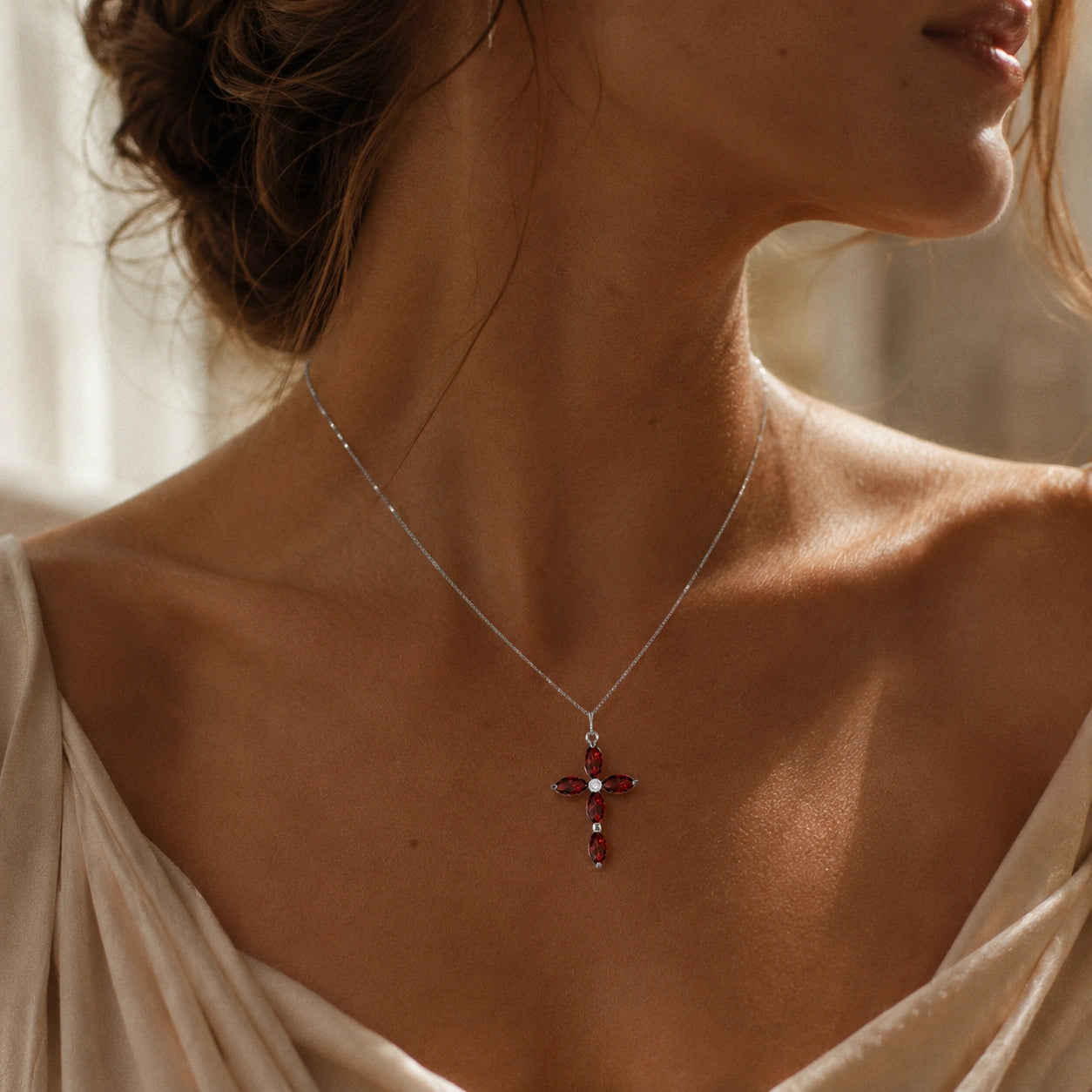 White Gold Charm Necklace Garnet 10K — Delia