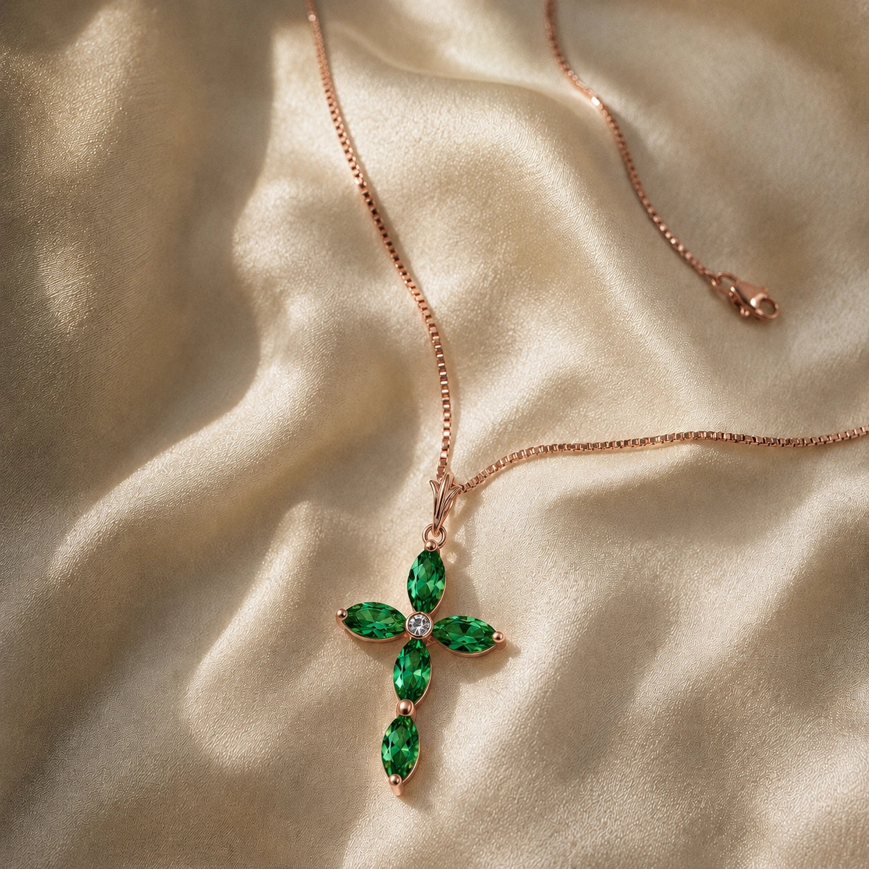 Rose Gold Charm Necklace Emerald 10K — Delia