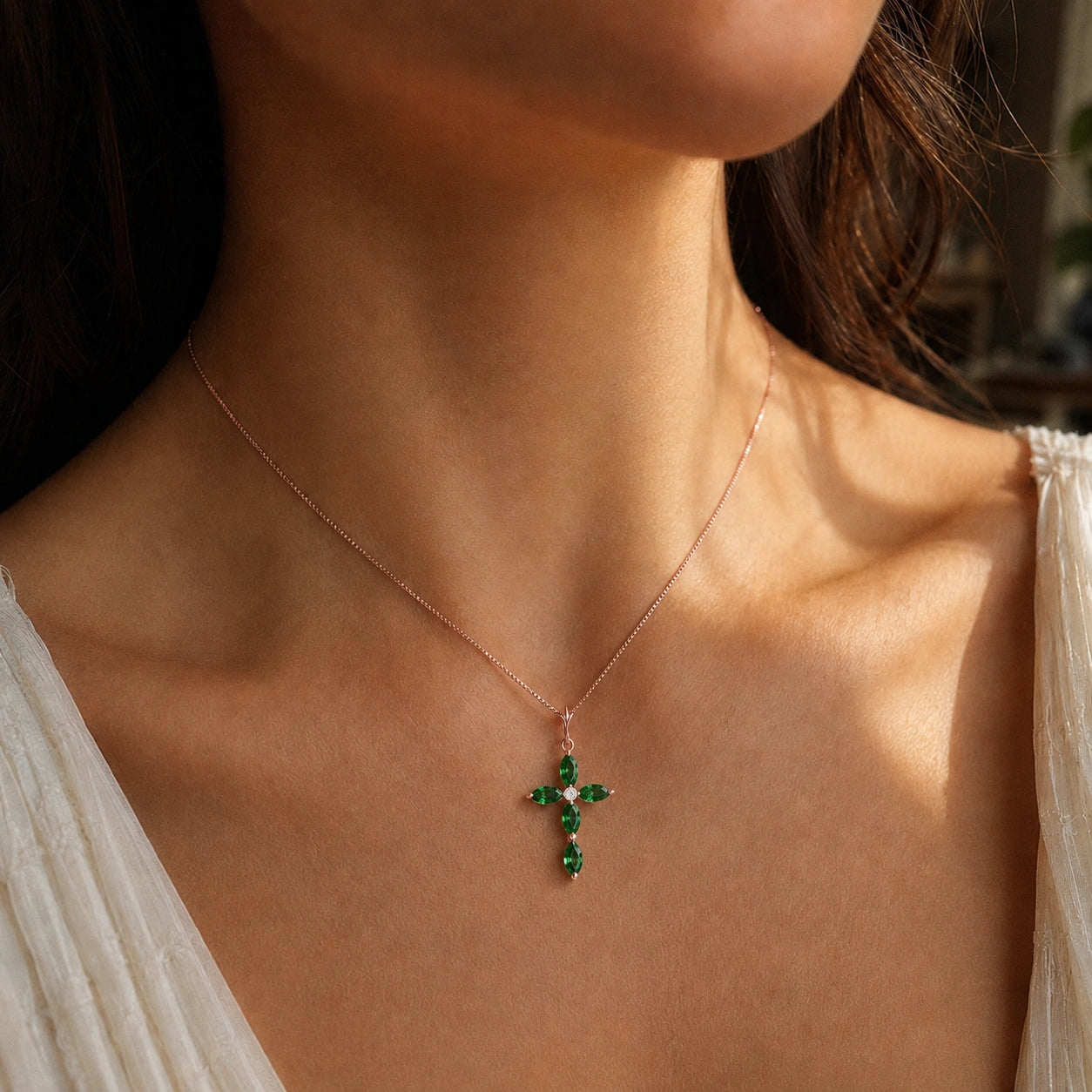 Rose Gold Charm Necklace Emerald 10K — Delia