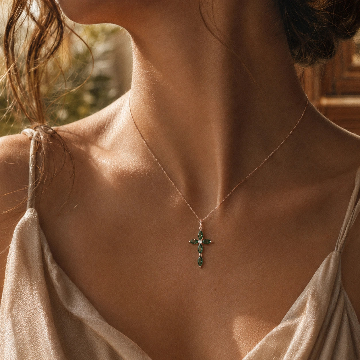 Rose Gold Charm Necklace Emerald 10K — Delia
