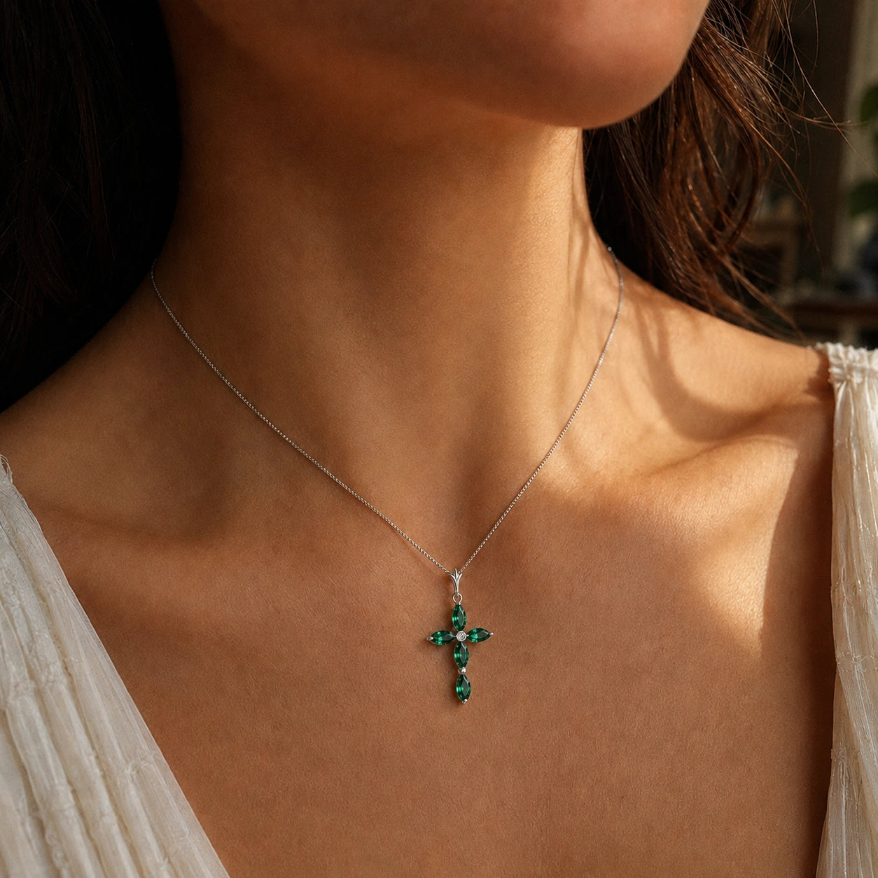 White Gold Charm Necklace Emerald 10K — Delia