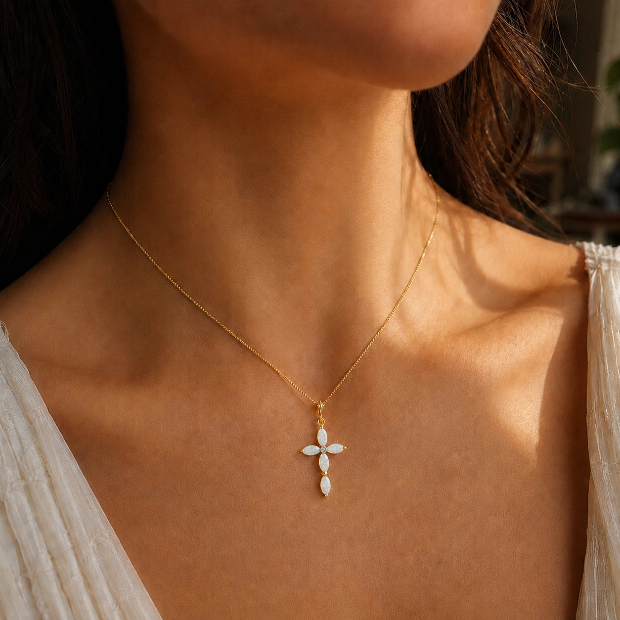 Yellow Gold Charm Necklace Opal 10K — Delia