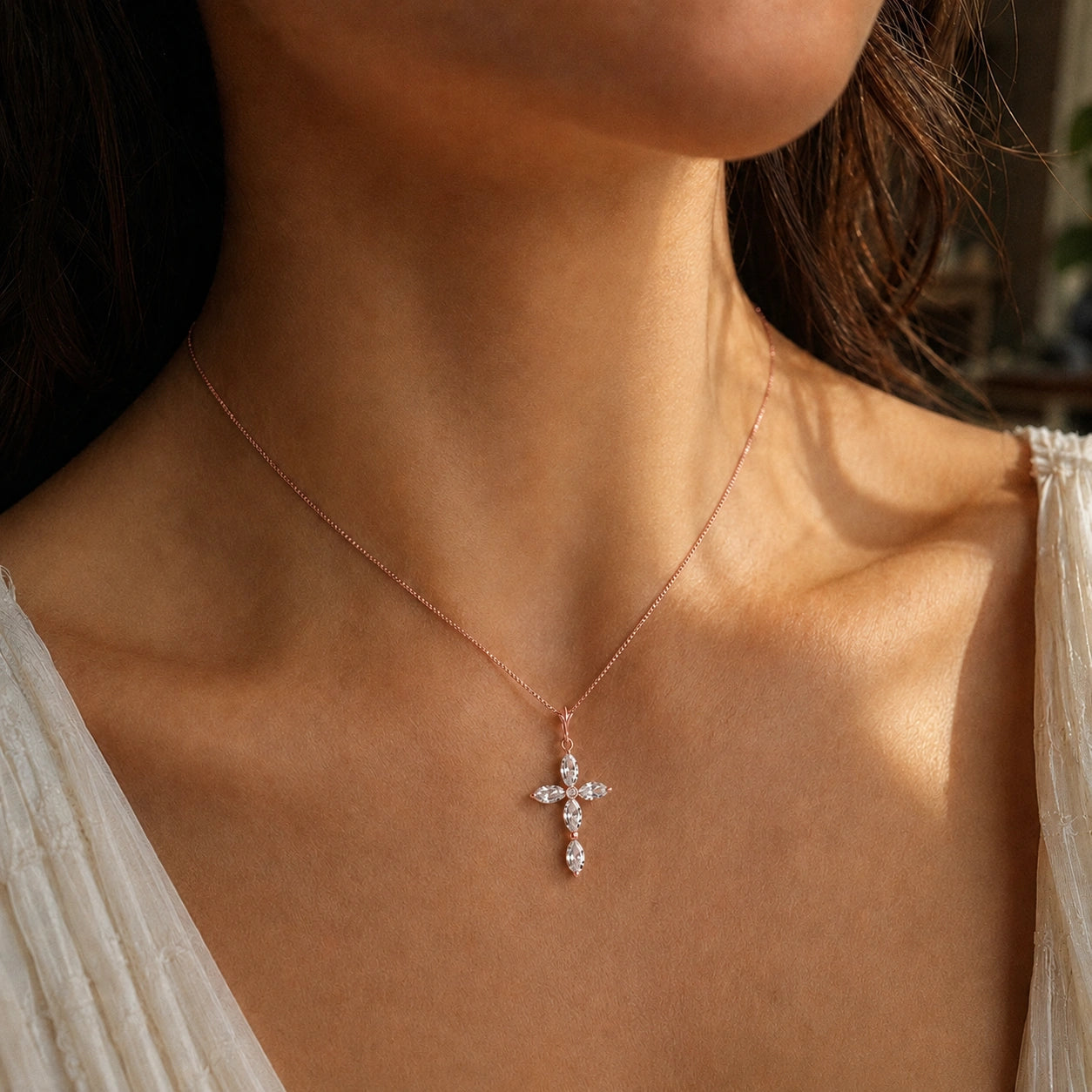 Rose Gold Charm Necklace White Topaz 10K — Delia