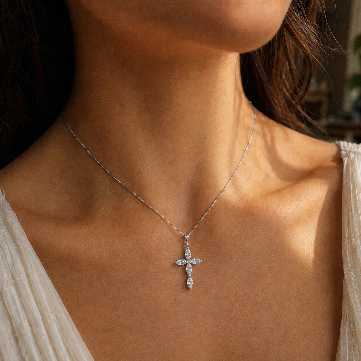 White Gold Charm Necklace White Topaz 10K — Delia