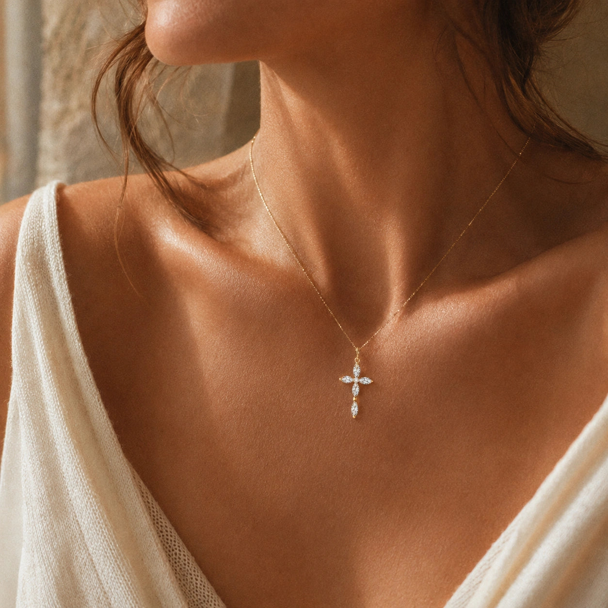 Yellow Gold Charm Necklace White Topaz 10K — Delia