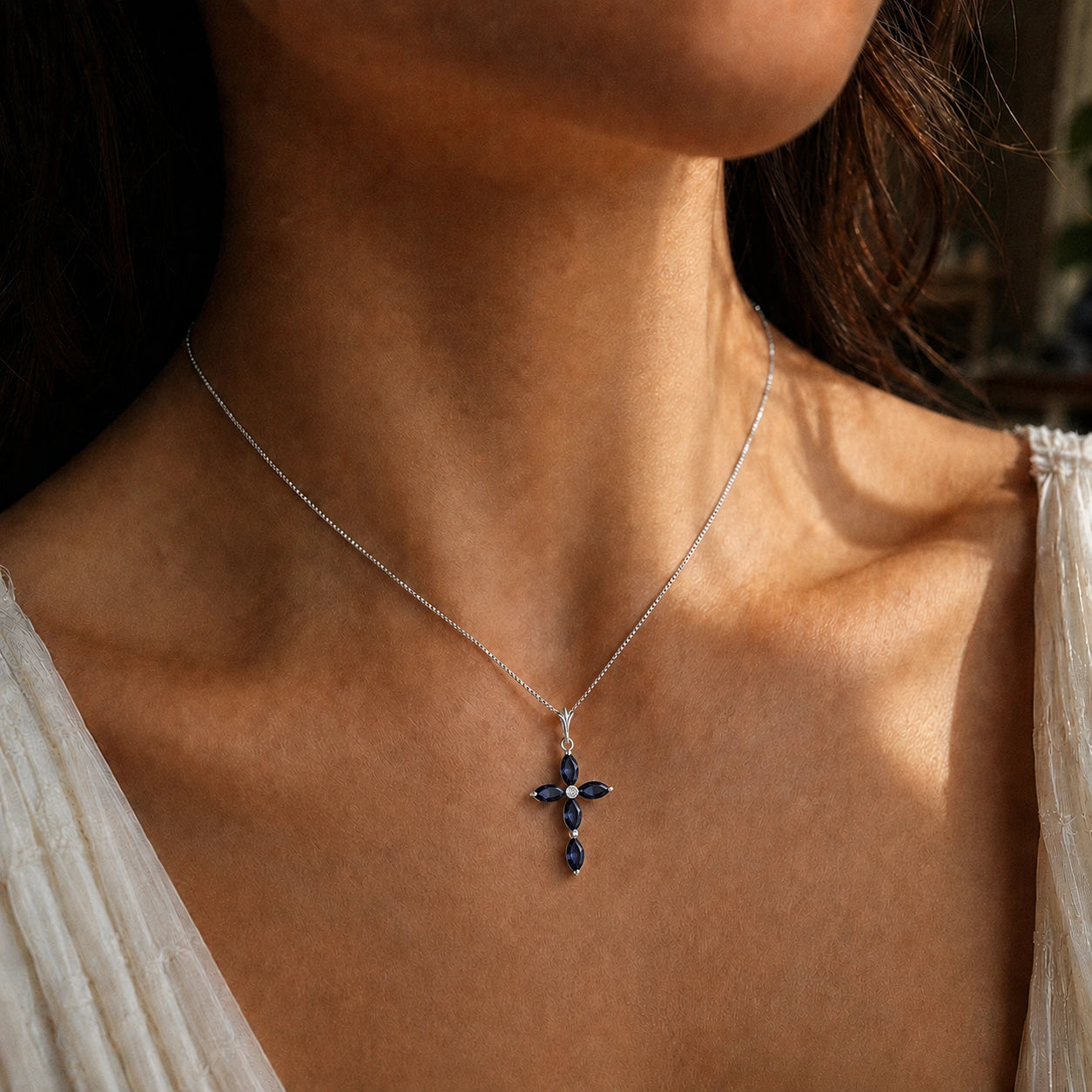 White Gold Charm Necklace Sapphire 10K — Delia