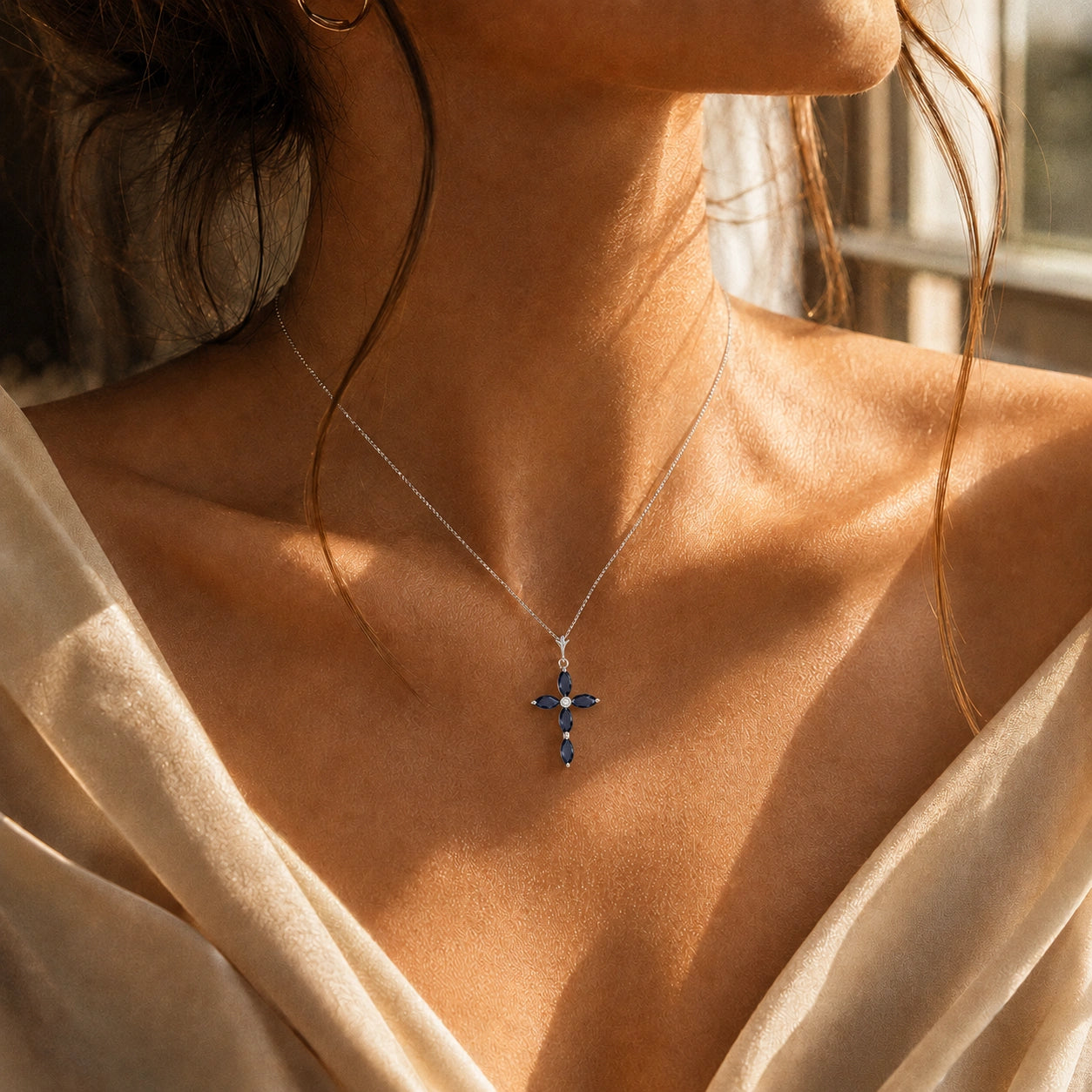 White Gold Charm Necklace Sapphire 10K — Delia
