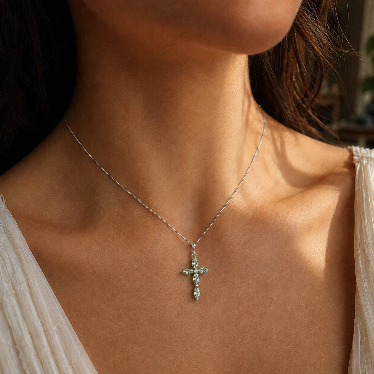 White Gold Charm Necklace Green Amethyst 10K — Delia