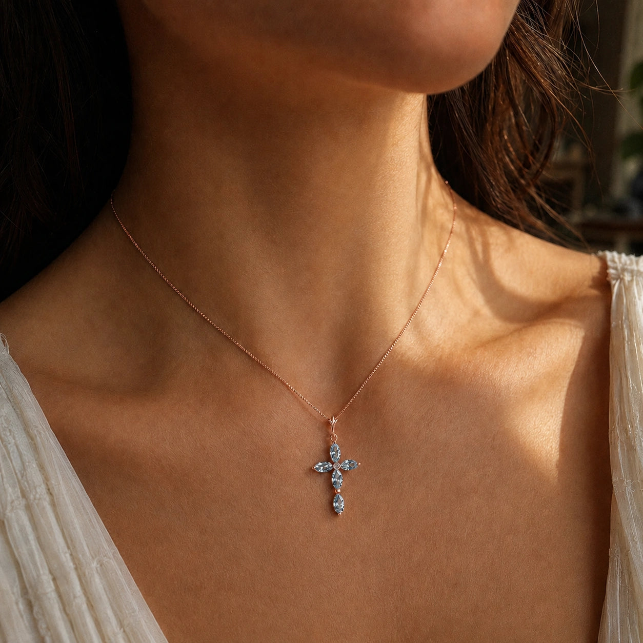 Rose Gold Charm Necklace Aquamarine 10K — Delia