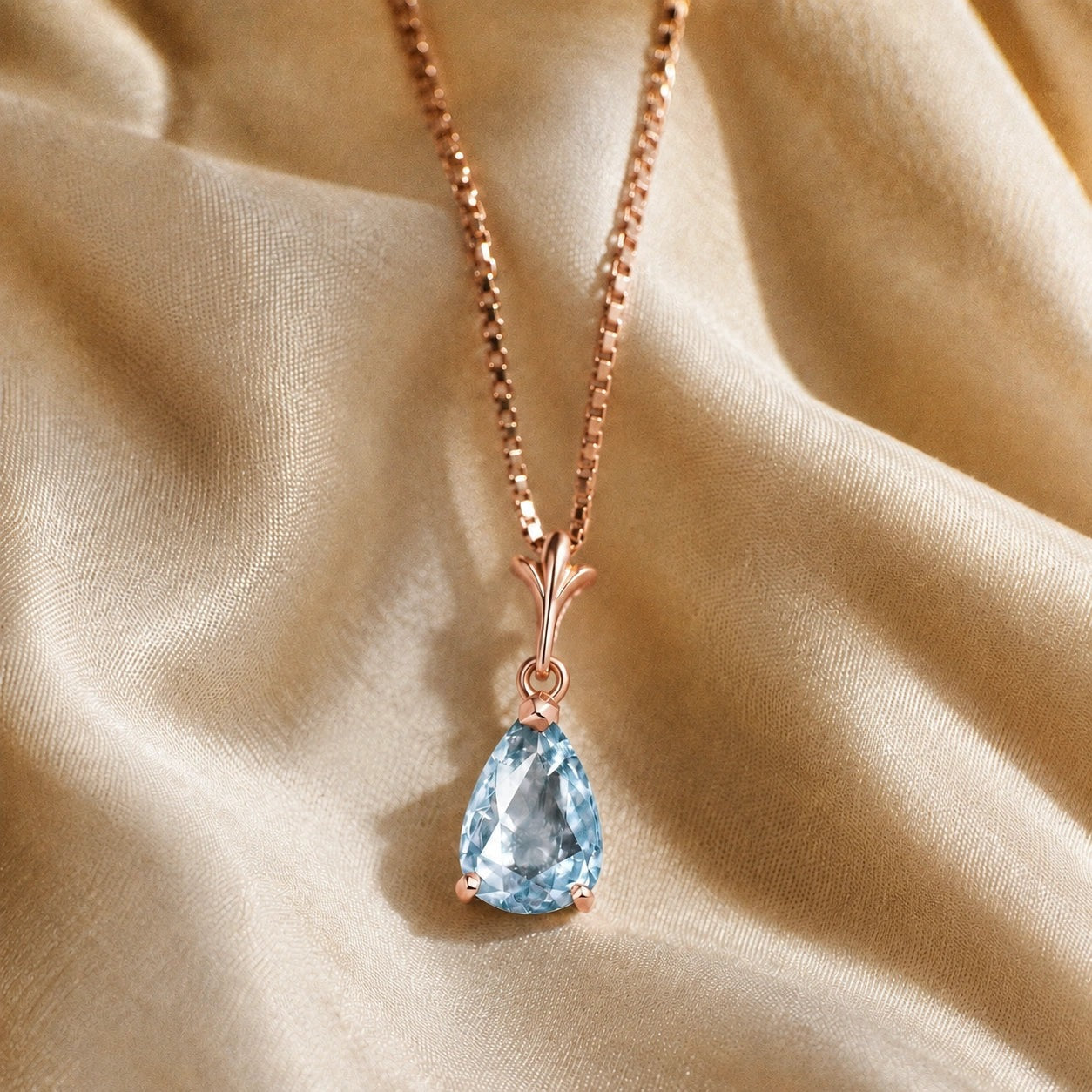 Rose Gold Rose Necklace Aquamarine 10K — Silvana