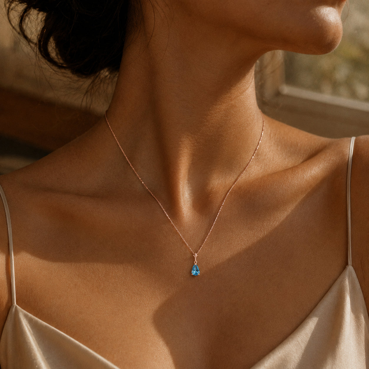 Rose Gold Rose Necklace Aquamarine 10K — Silvana