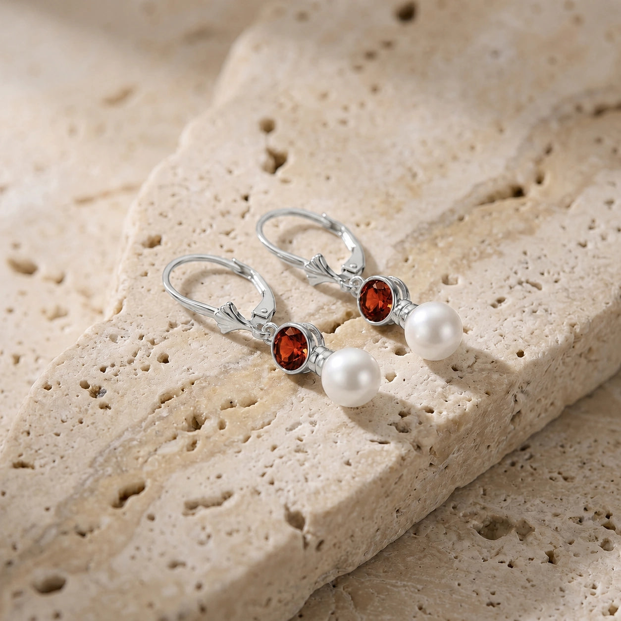 White Gold Aura Earrings Garnet 10K — Alma