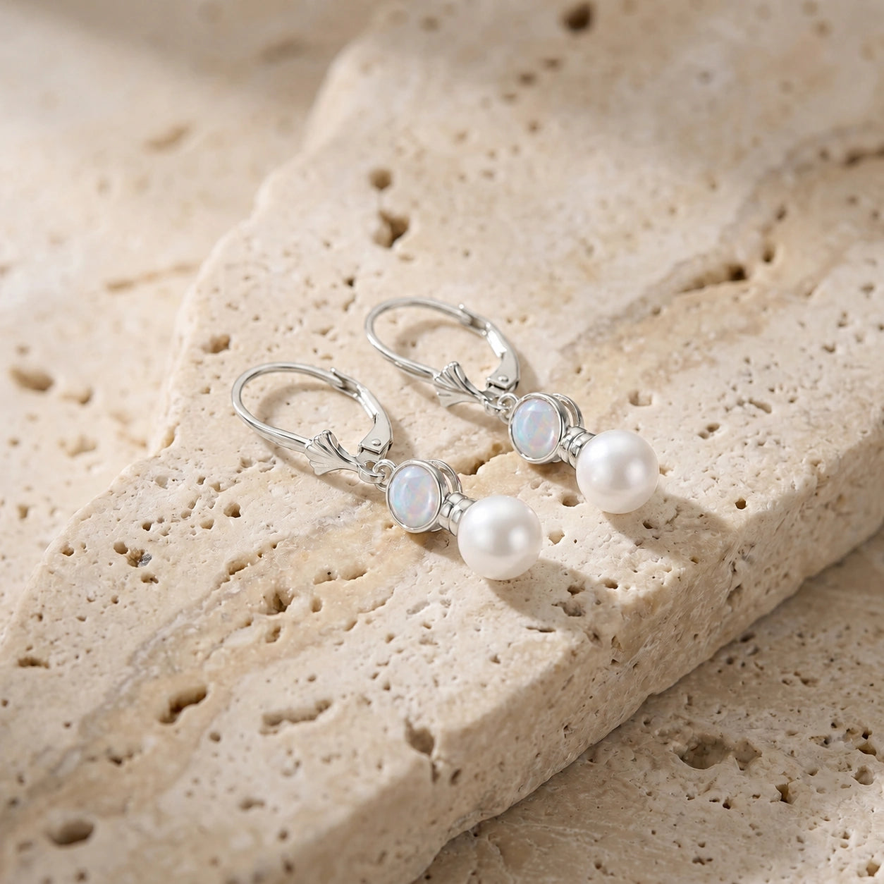 White Gold Aura Earrings Opal 10K — Alma