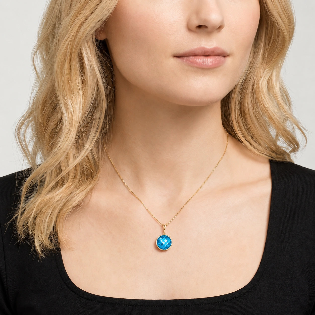 Yellow Gold Pendant Necklace Blue Topaz 10K — Cherubina