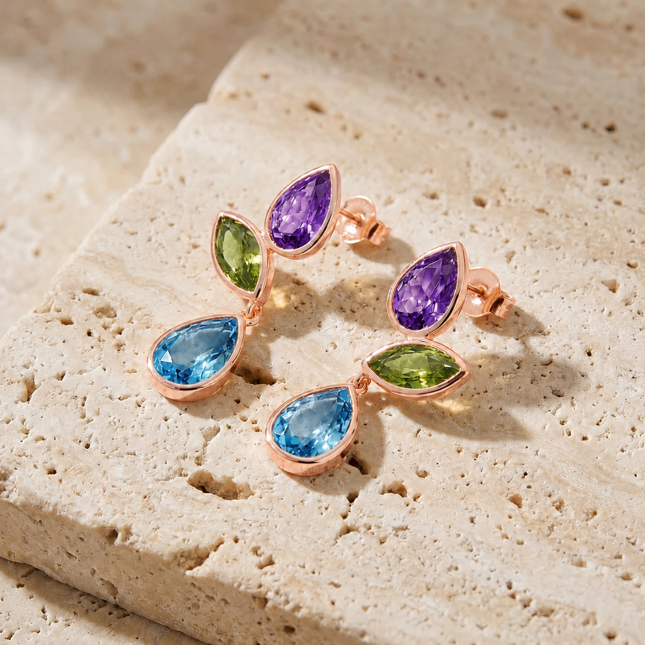 Rose Gold Blue Topaz & Amethyst & Peridot — Ermellina