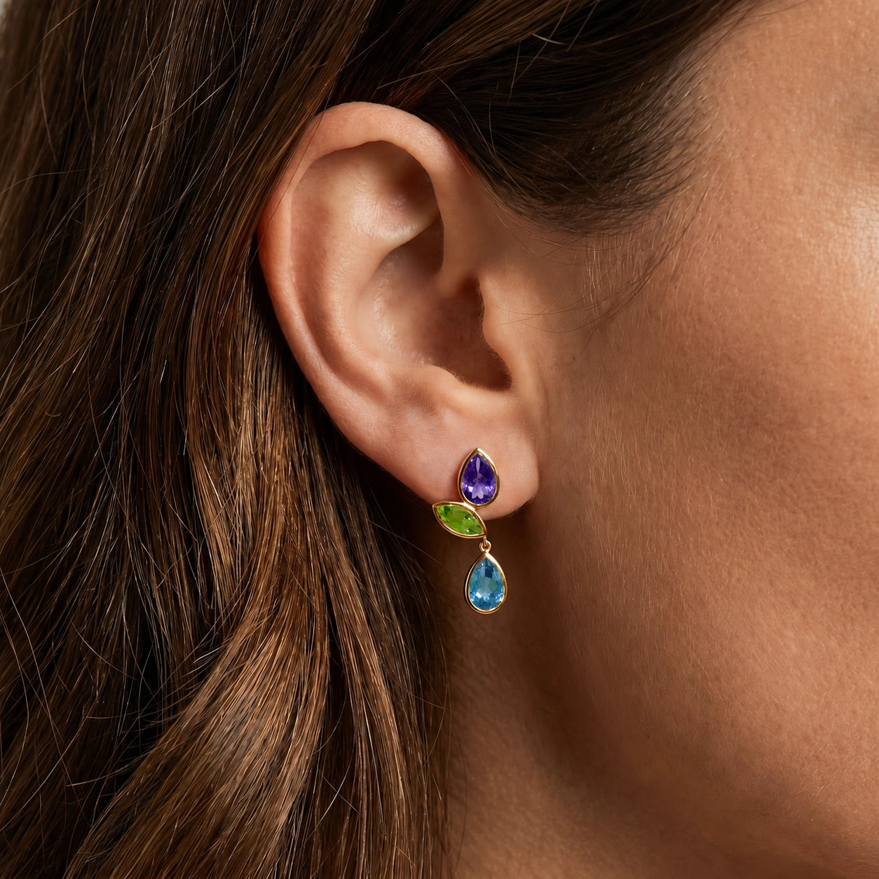 Yellow Gold Blue Topaz & Amethyst & Peridot — Ermellina