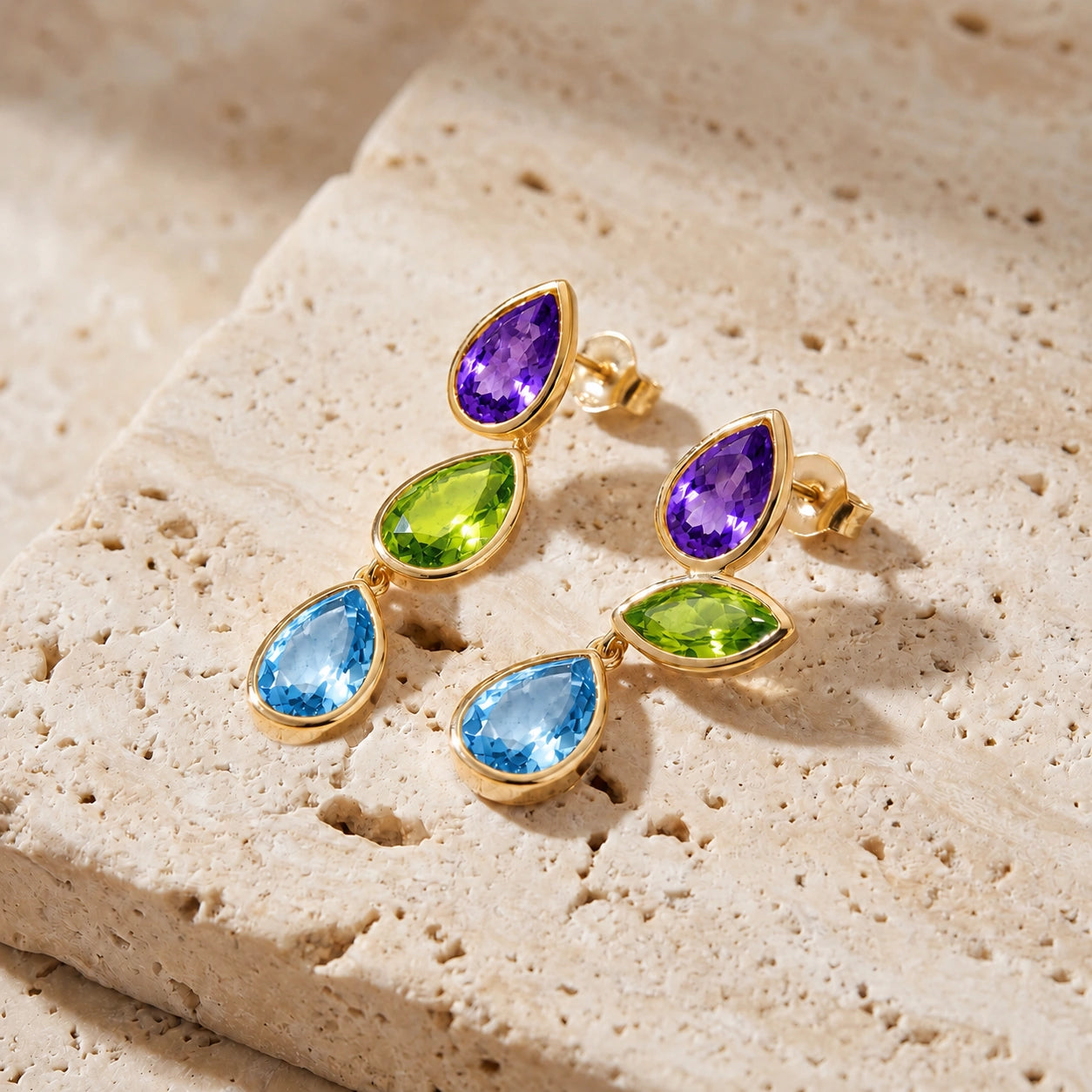 Yellow Gold Blue Topaz & Amethyst & Peridot — Ermellina