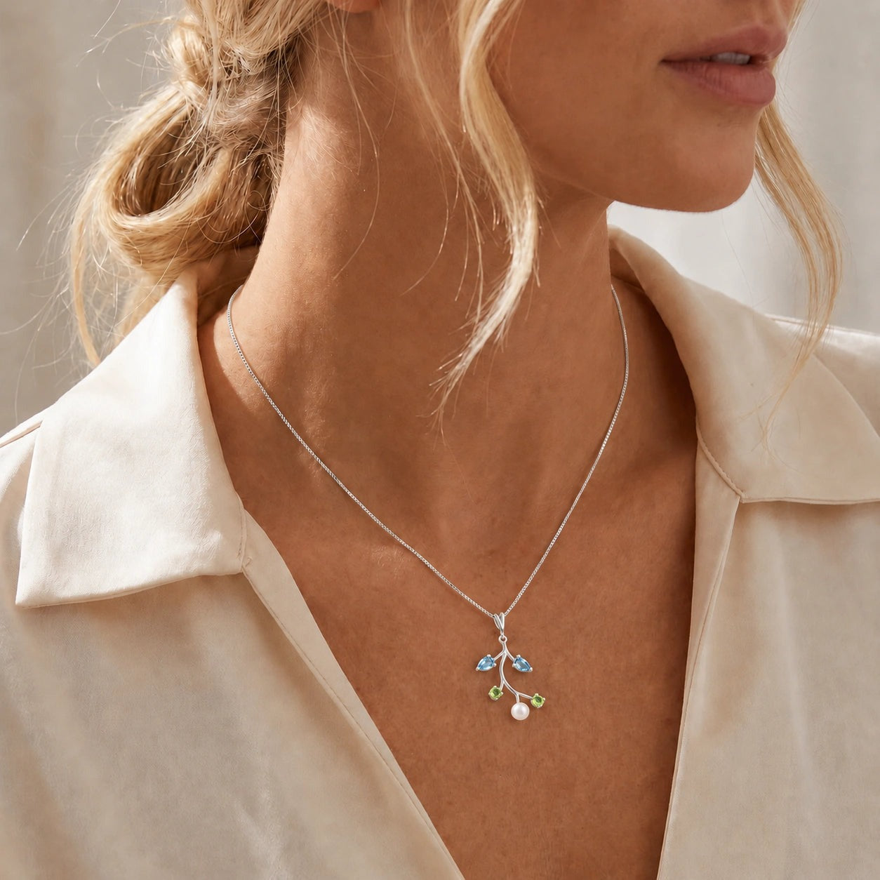 White Gold Necklace Multi-Gemstone 10K — Nadia