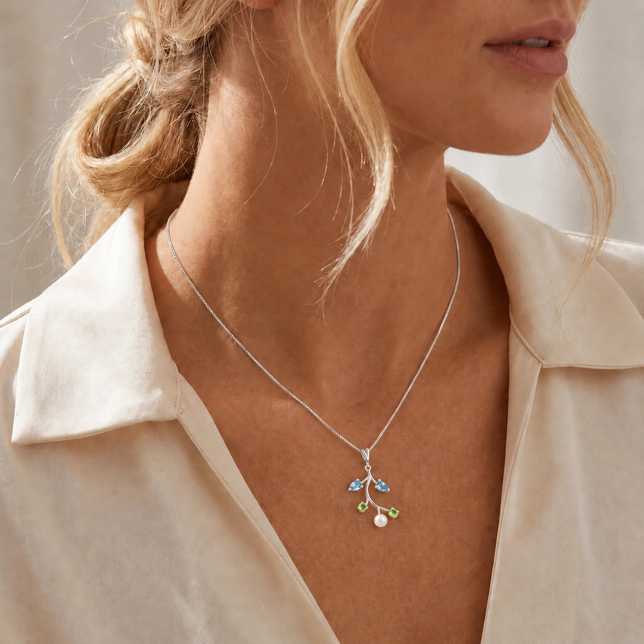 White Gold Necklace Multi-Gemstone 10K — Nadia