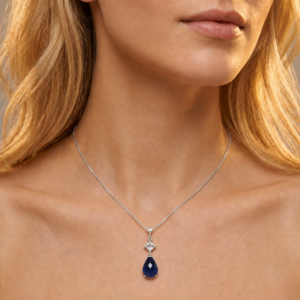White Gold Pendant Necklace Sapphire 10K — Saveria